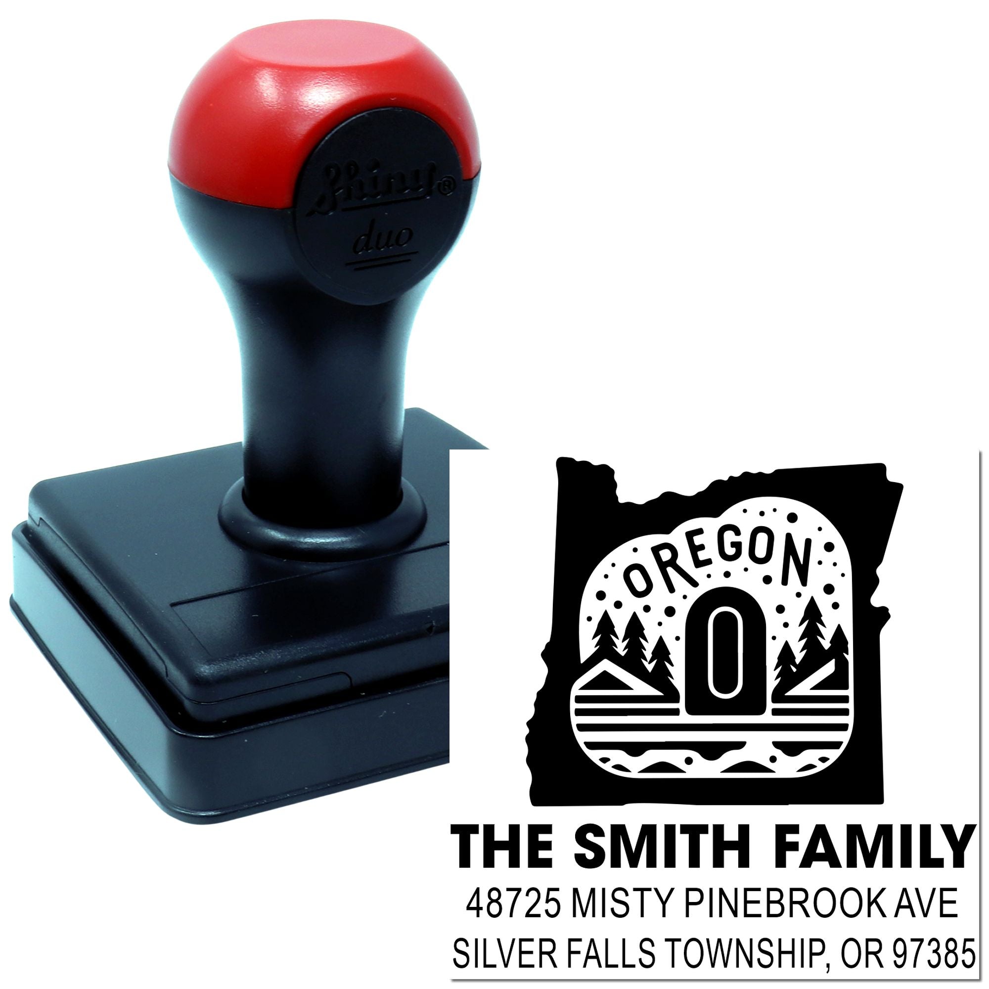 Custom self-inking rubber address stamp with Oregon return address design for The Smith Family, Silver Falls Township, OR