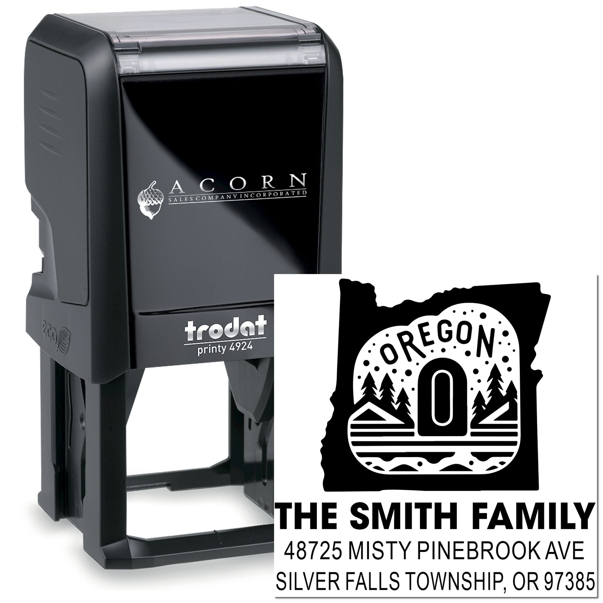 Custom Oregon address self-inking rubber stamp for The Smith Family, ideal for return mail and home labeling.