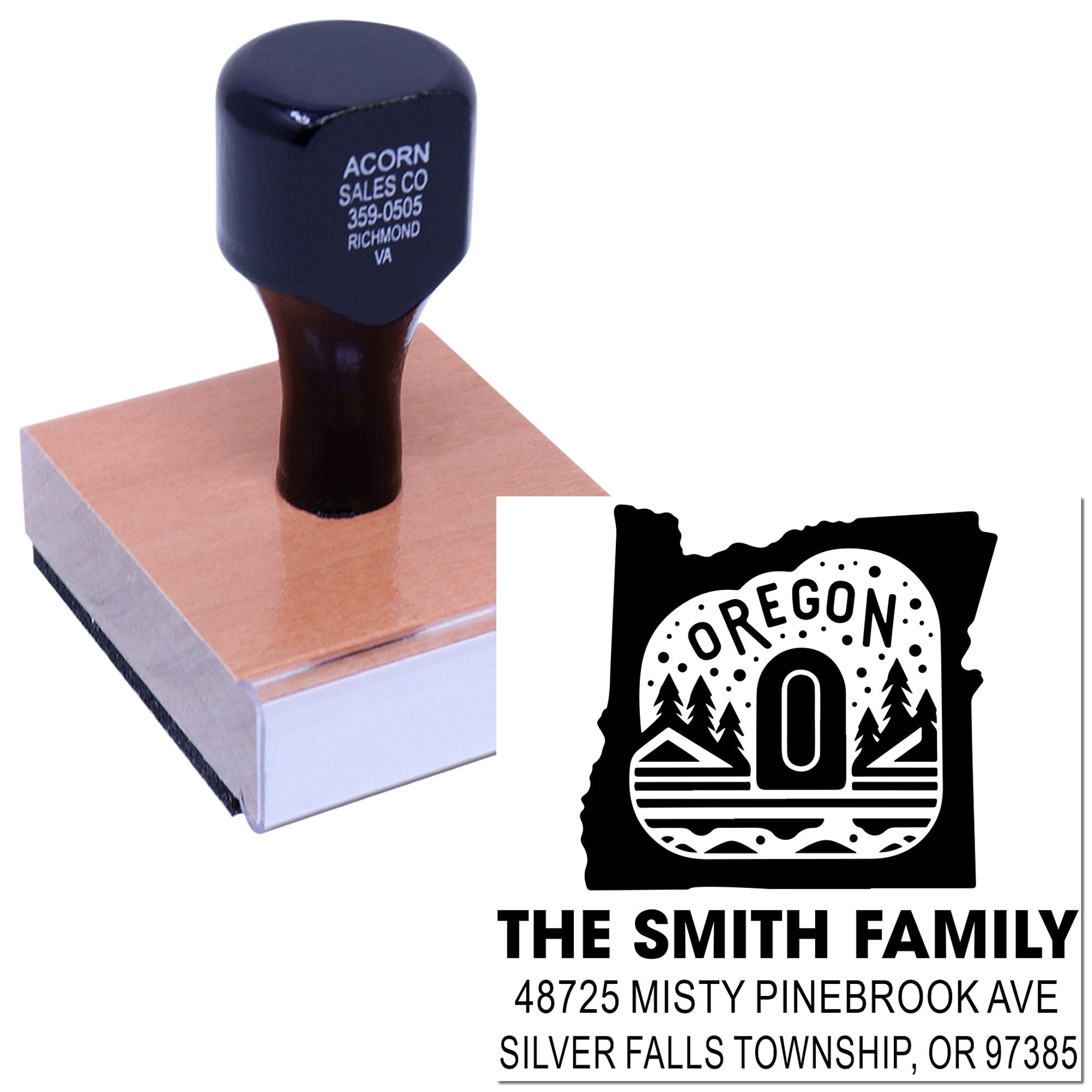 Custom Oregon return address rubber stamp for envelopes, featuring family name, logo, and full mailing address.