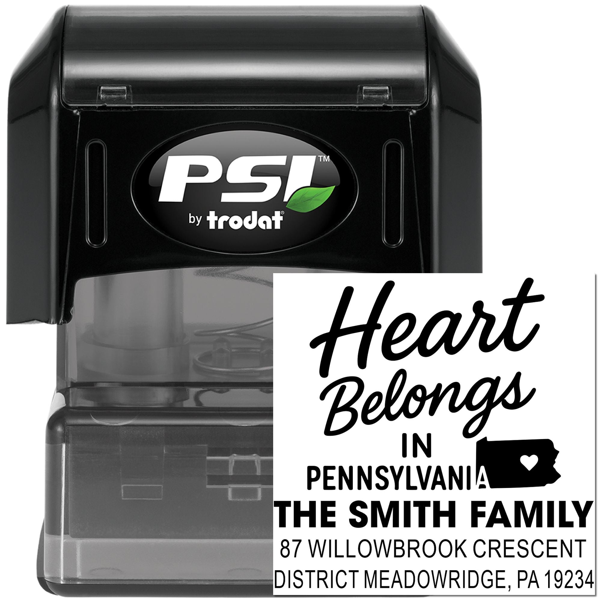 Custom return address rubber stamp, Heart Belongs in Pennsylvania design, PSI by Trodat self-inking stamp