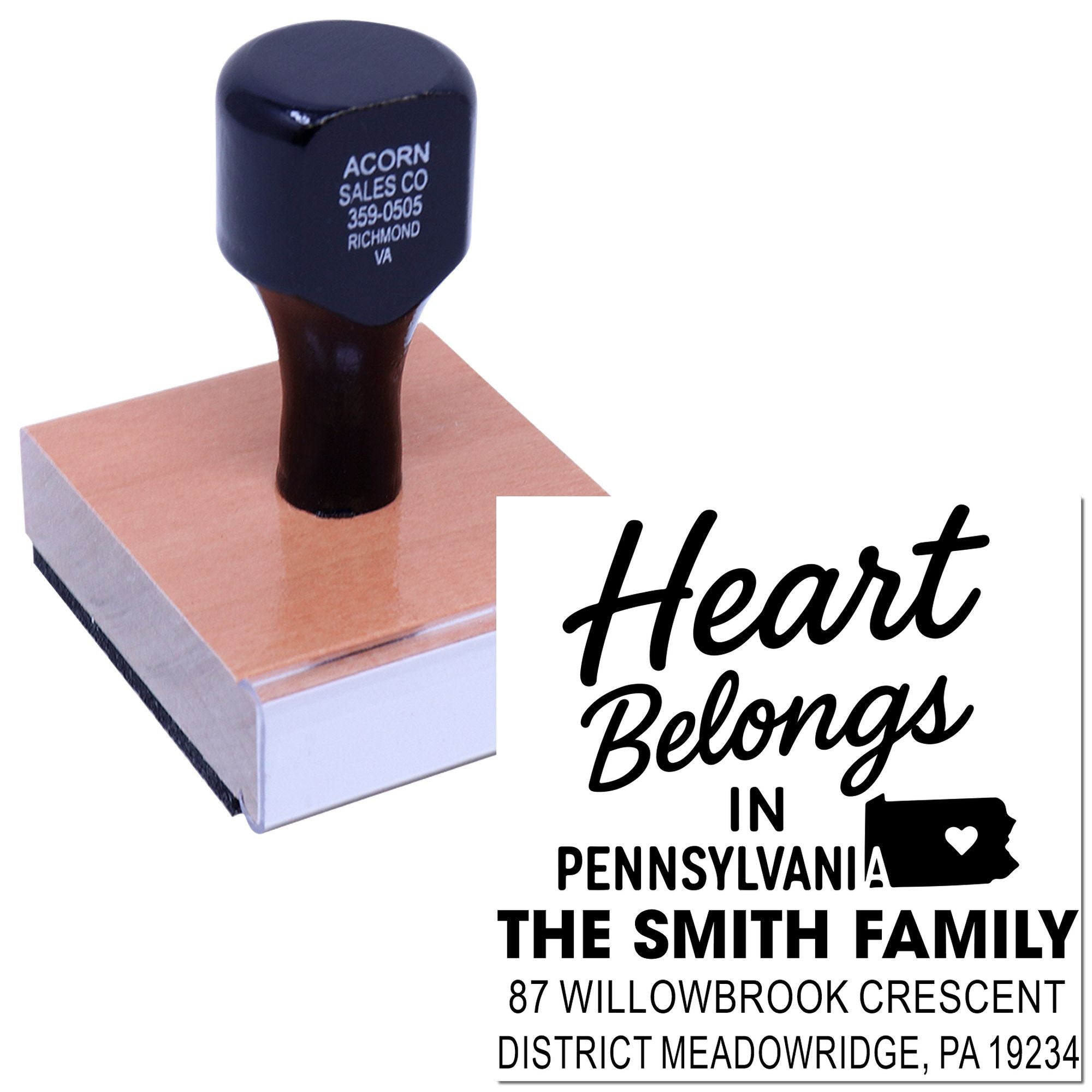 Custom return address rubber stamp with Heart Belongs in Pennsylvania design for The Smith Family.