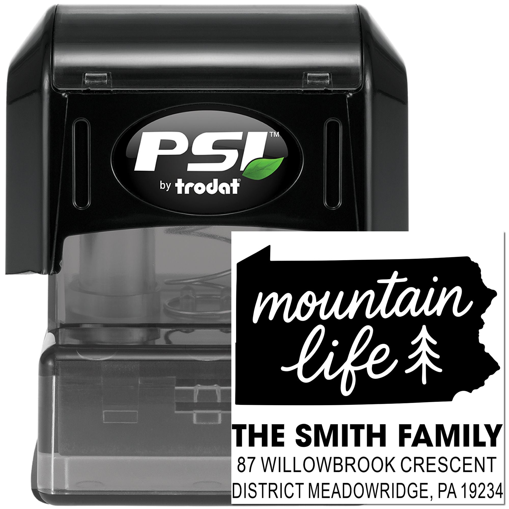Custom self-inking return address rubber stamp by PSI by Trodat with mountain life family name design.
