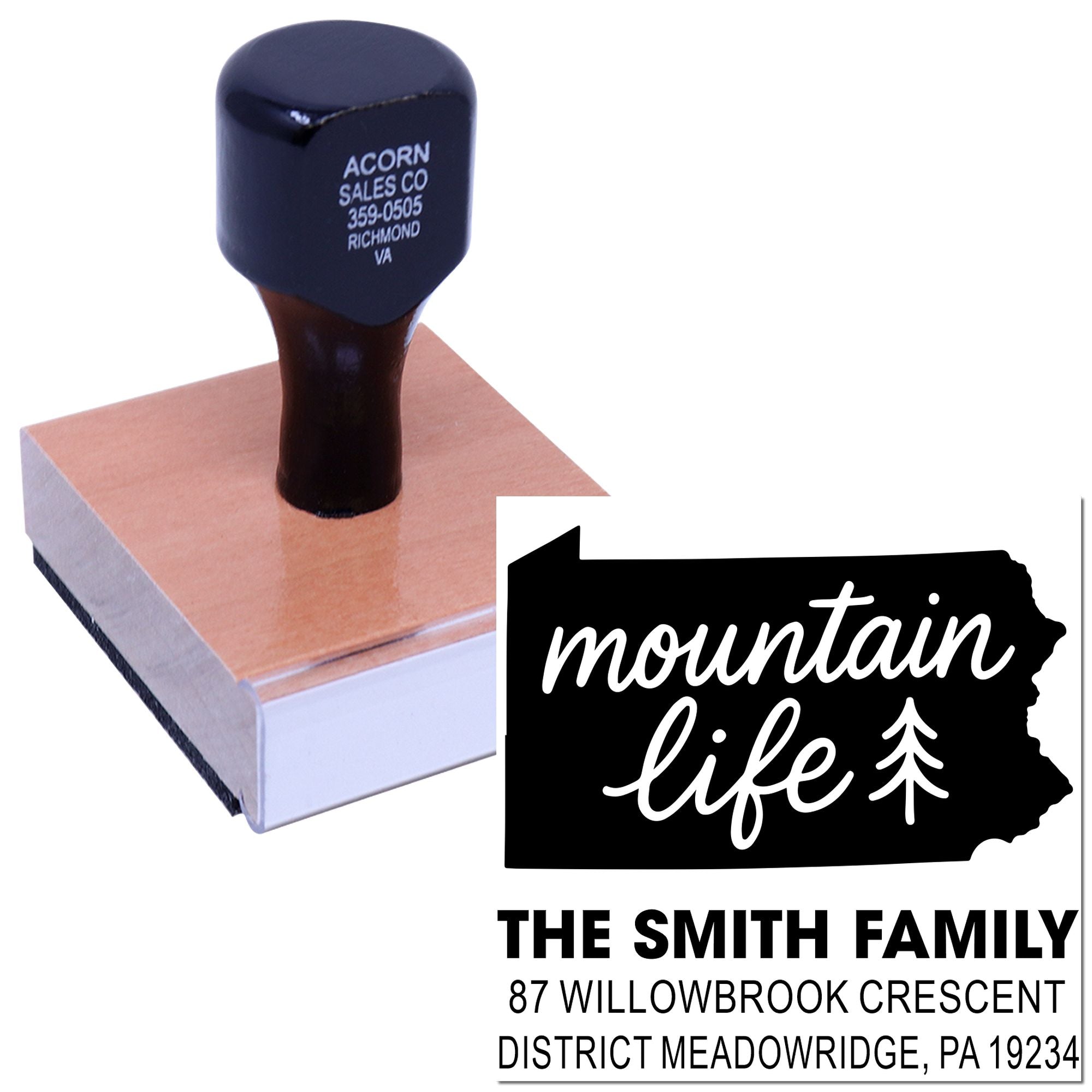Personalized self-inking address rubber stamp featuring Mountain Life design for The Smith Family mailing and packaging.