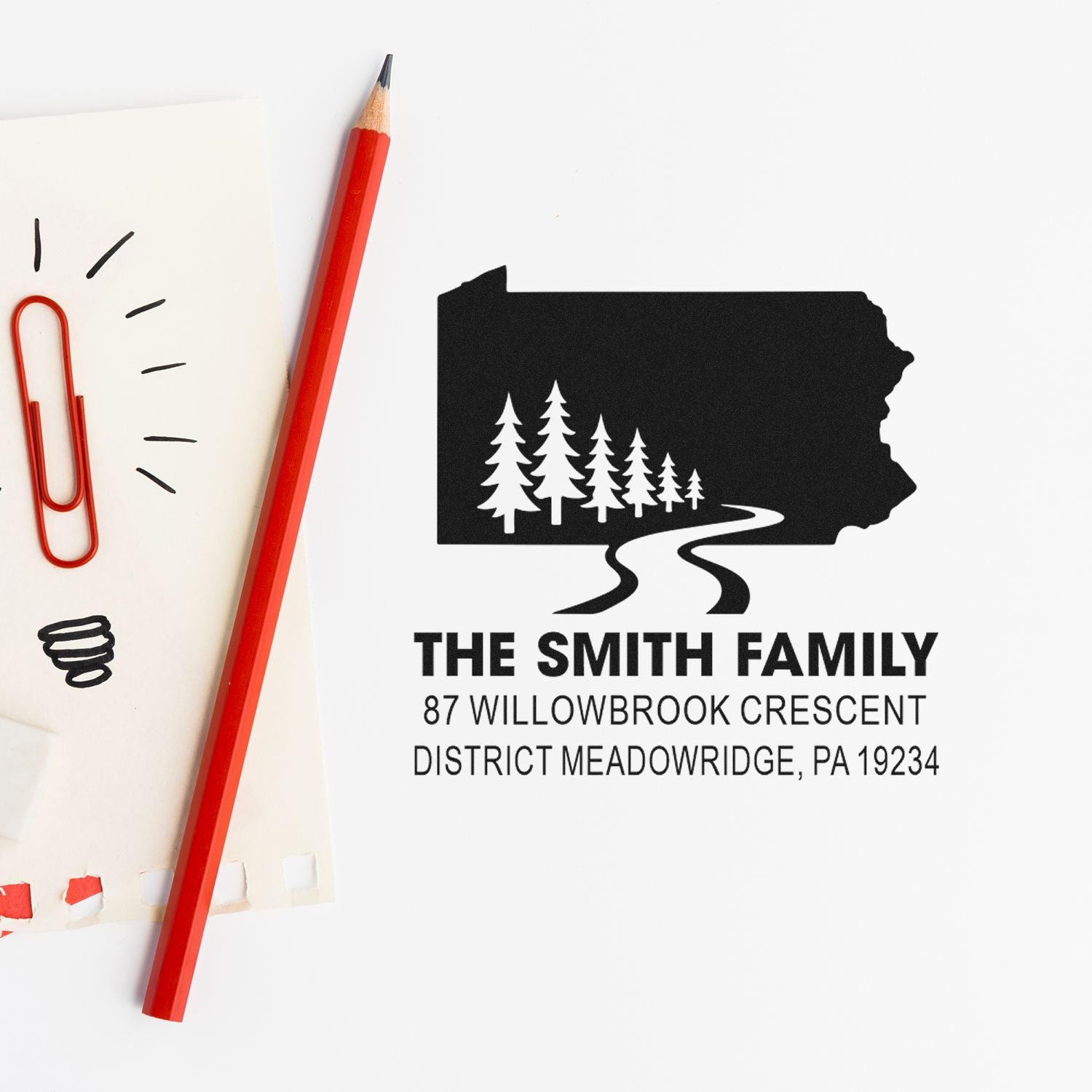 Custom Pennsylvania return address rubber stamp for The Smith Family with state silhouette, trees, and road design.