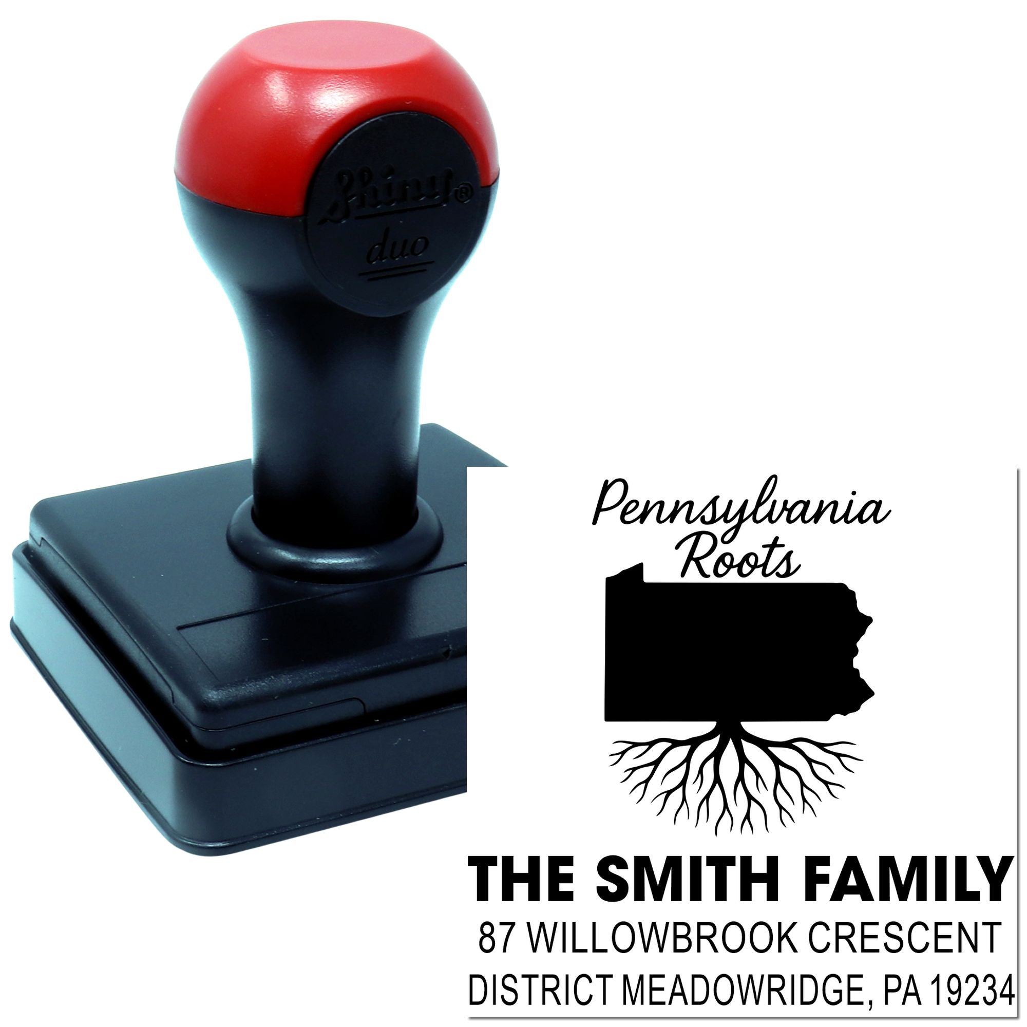 Custom self-inking rubber stamp for family address, Pennsylvania Roots design with Pennsylvania silhouette and The Smith Family imprint.