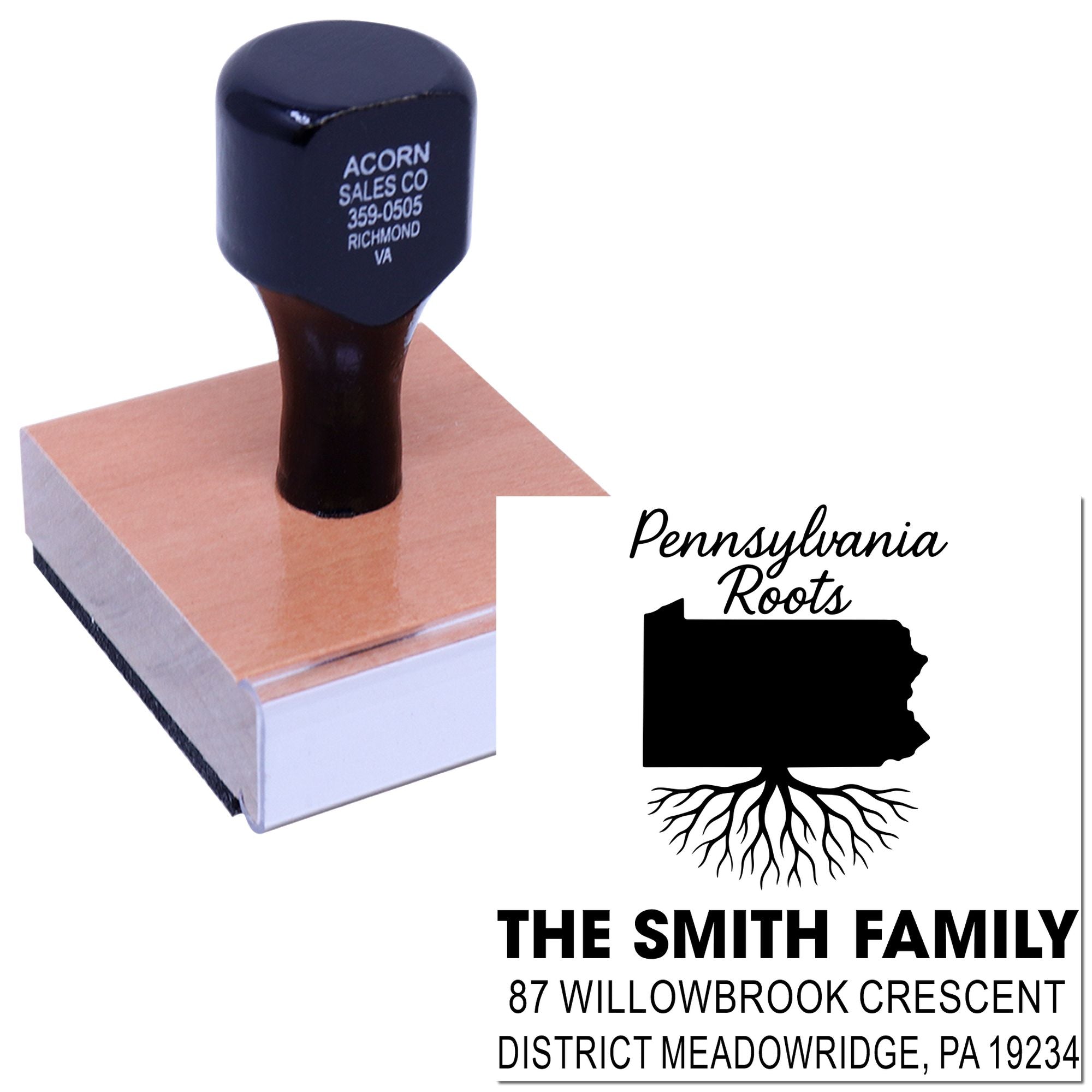 Custom return address rubber stamp with Pennsylvania Roots design and Smith Family imprint for personalized mailing.