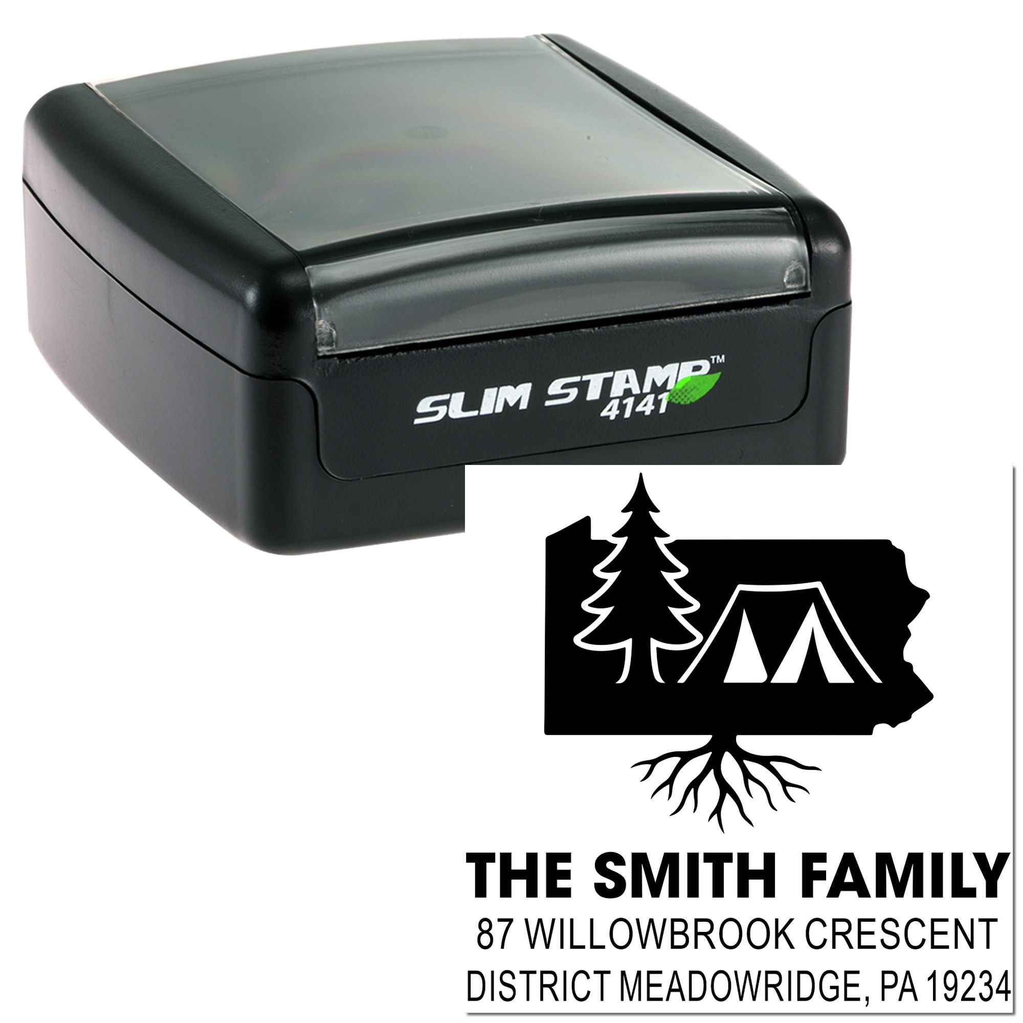 Custom slim rubber stamp with camping design and Smith family return address for personalized mailing use.