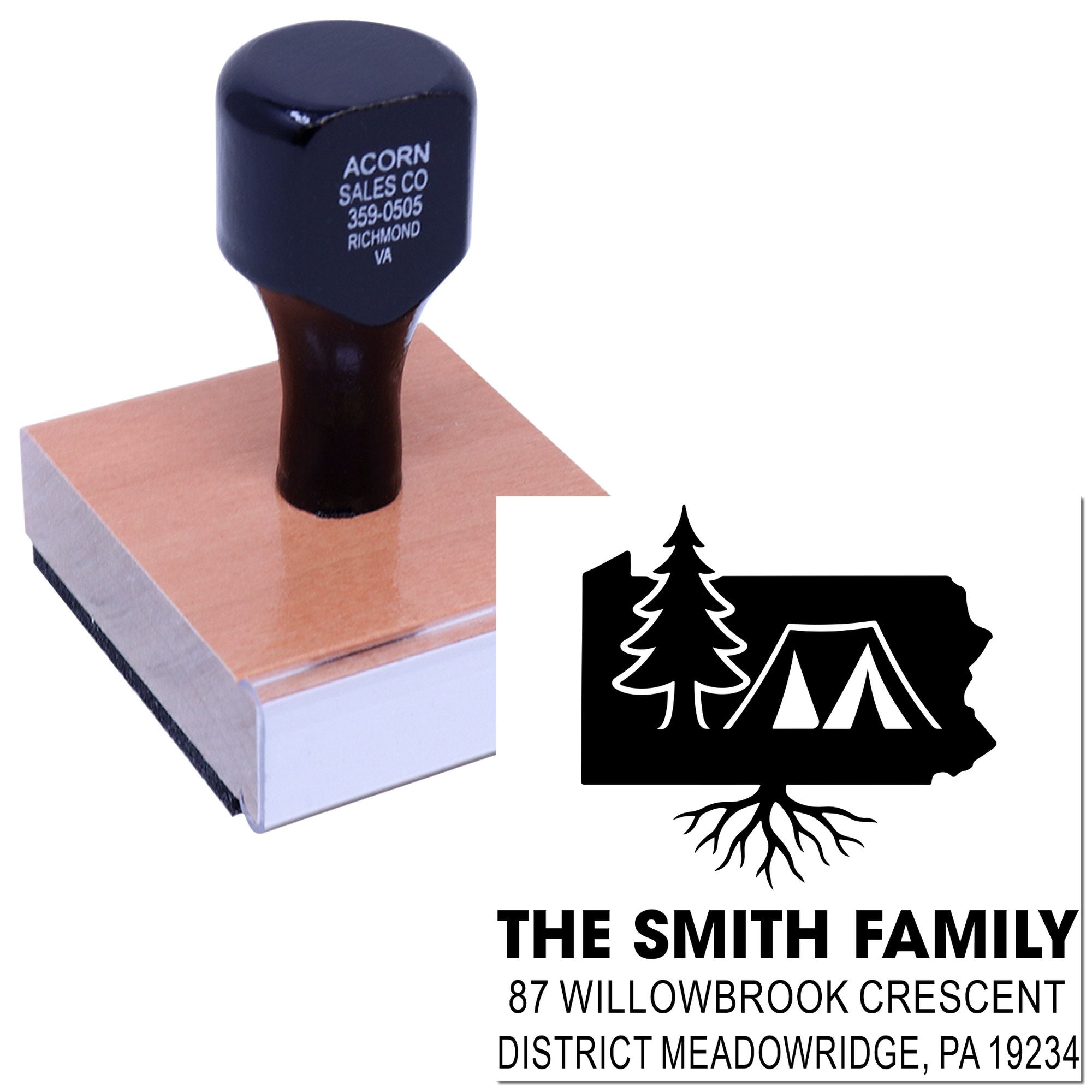 Custom address rubber stamp with camping family design, state outline, pine tree, tent and roots for personalized mailing.