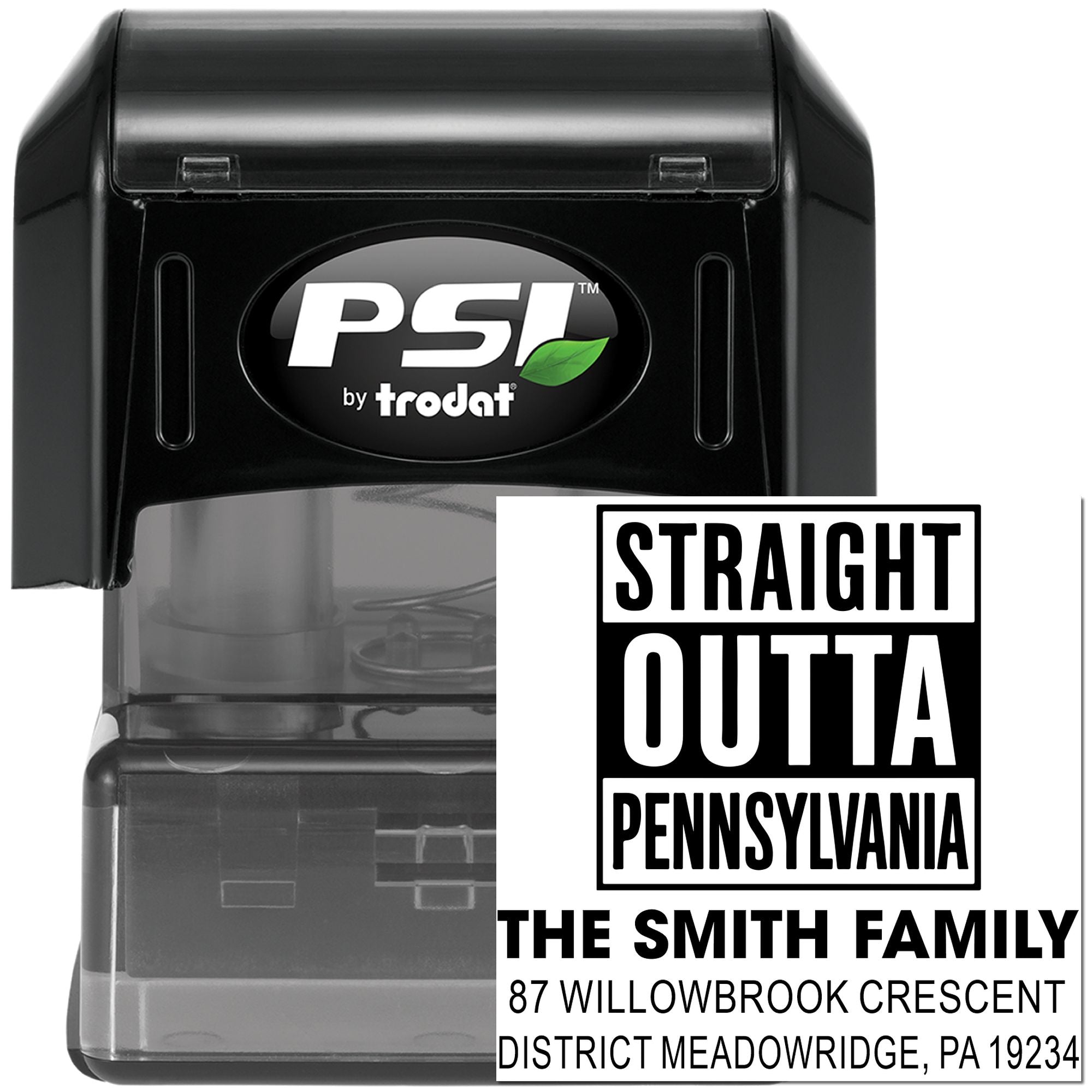 PSI by Trodat self-inking custom rubber stamp with Straight Outta Pennsylvania family address design