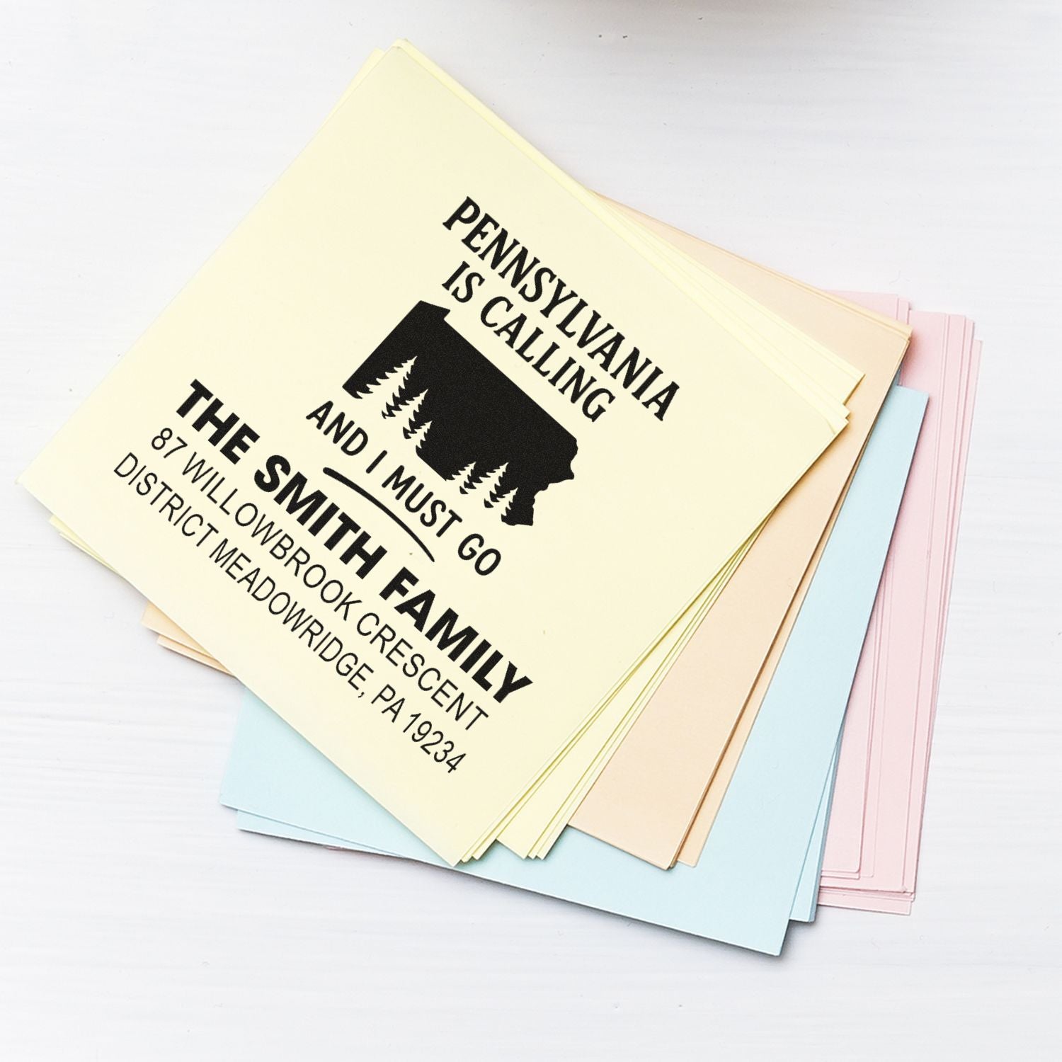 Personalized Pennsylvania rubber address stamp for the Smith family with return address and state silhouette.