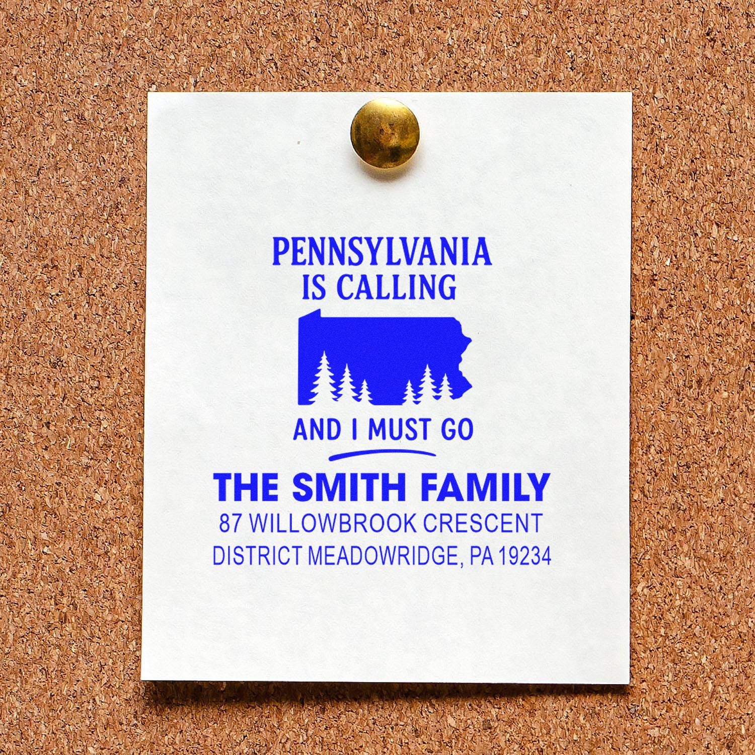 Custom Pennsylvania return address rubber stamp with family name and home address for personalized mailings.