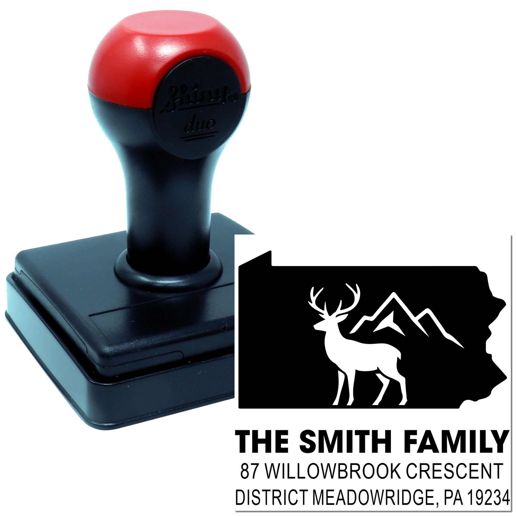 Personalized custom return address rubber stamp with deer and mountain logo for The Smith Family.