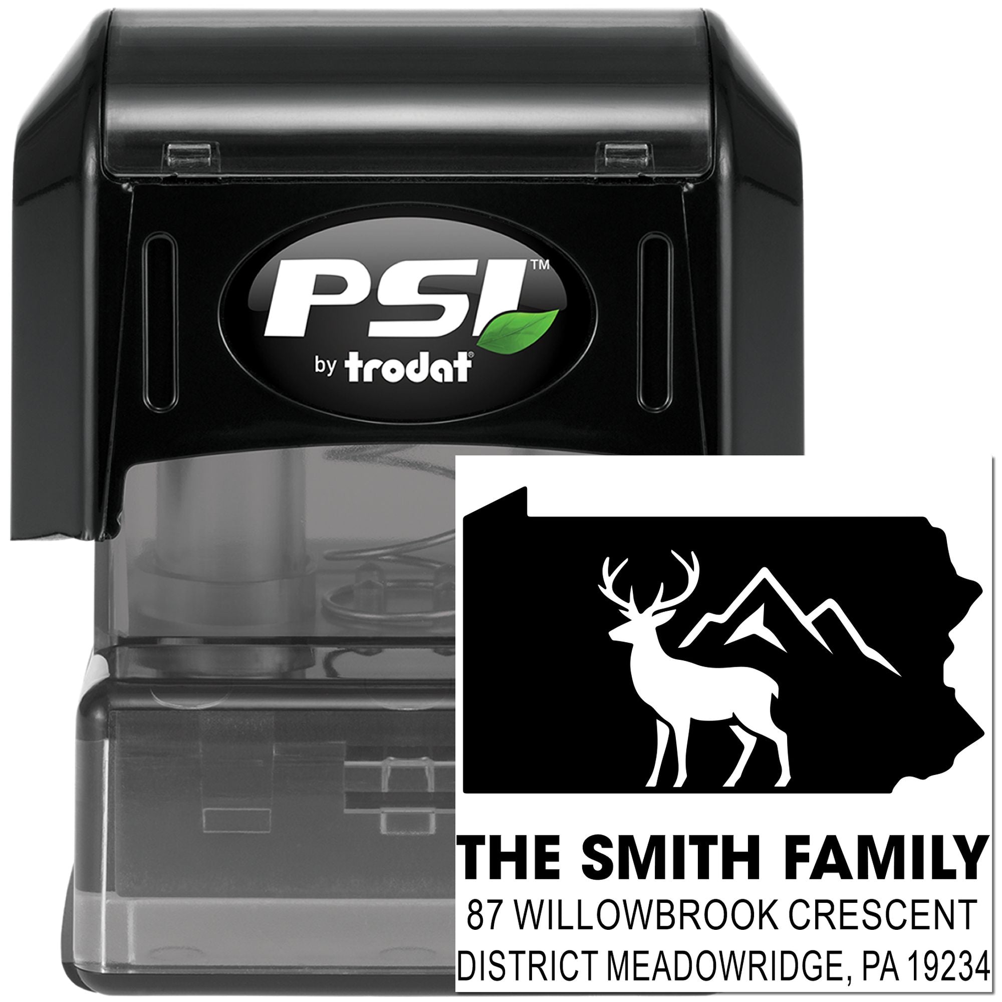 Custom self-inking rubber address stamp by PSI Trodat with deer and mountain Pennsylvania design for The Smith Family.