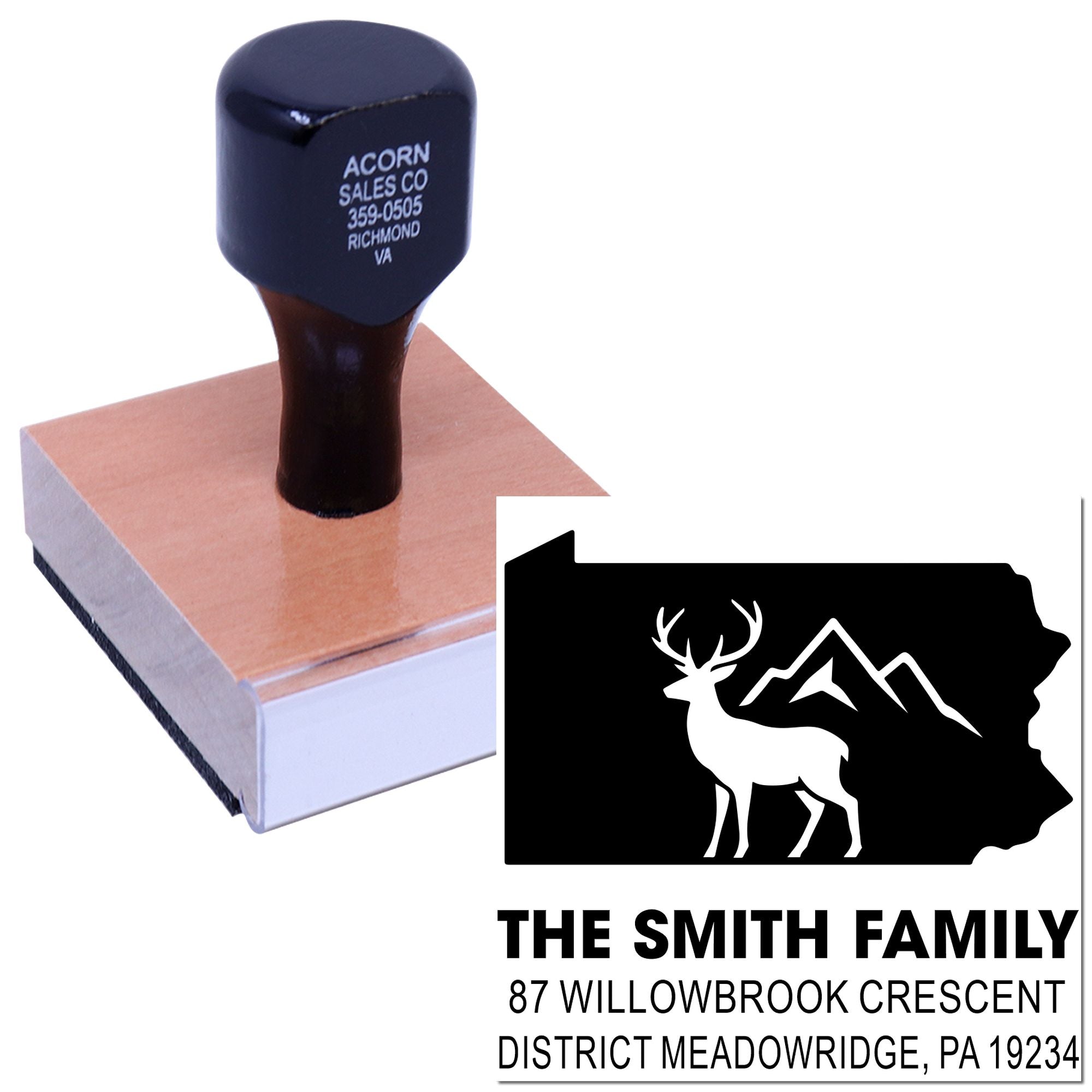 Custom rubber address stamp with deer and mountain logo for The Smith Family home address.