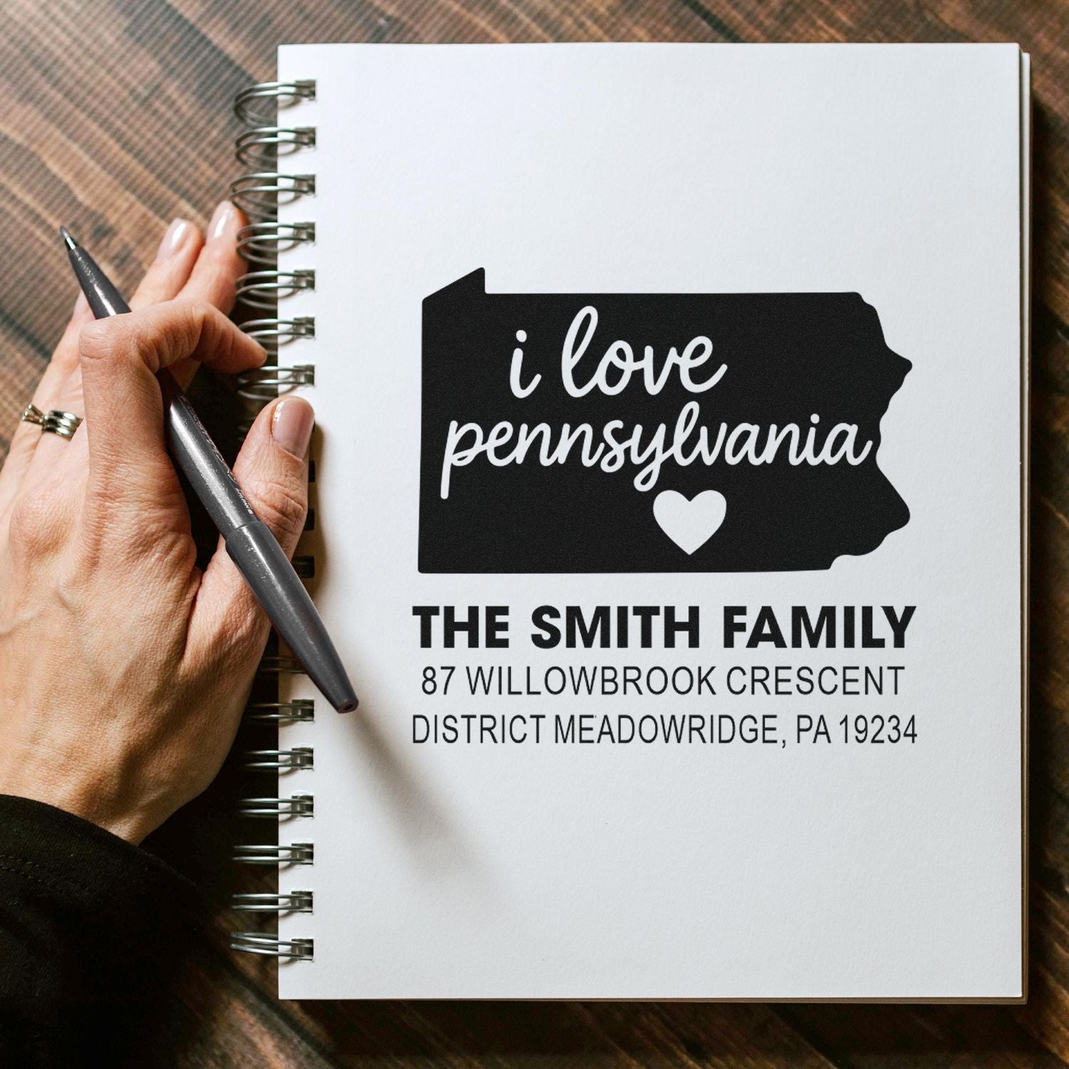 Custom rubber stamp mockup for a Pennsylvania return address, featuring the Smith family name and state silhouette.