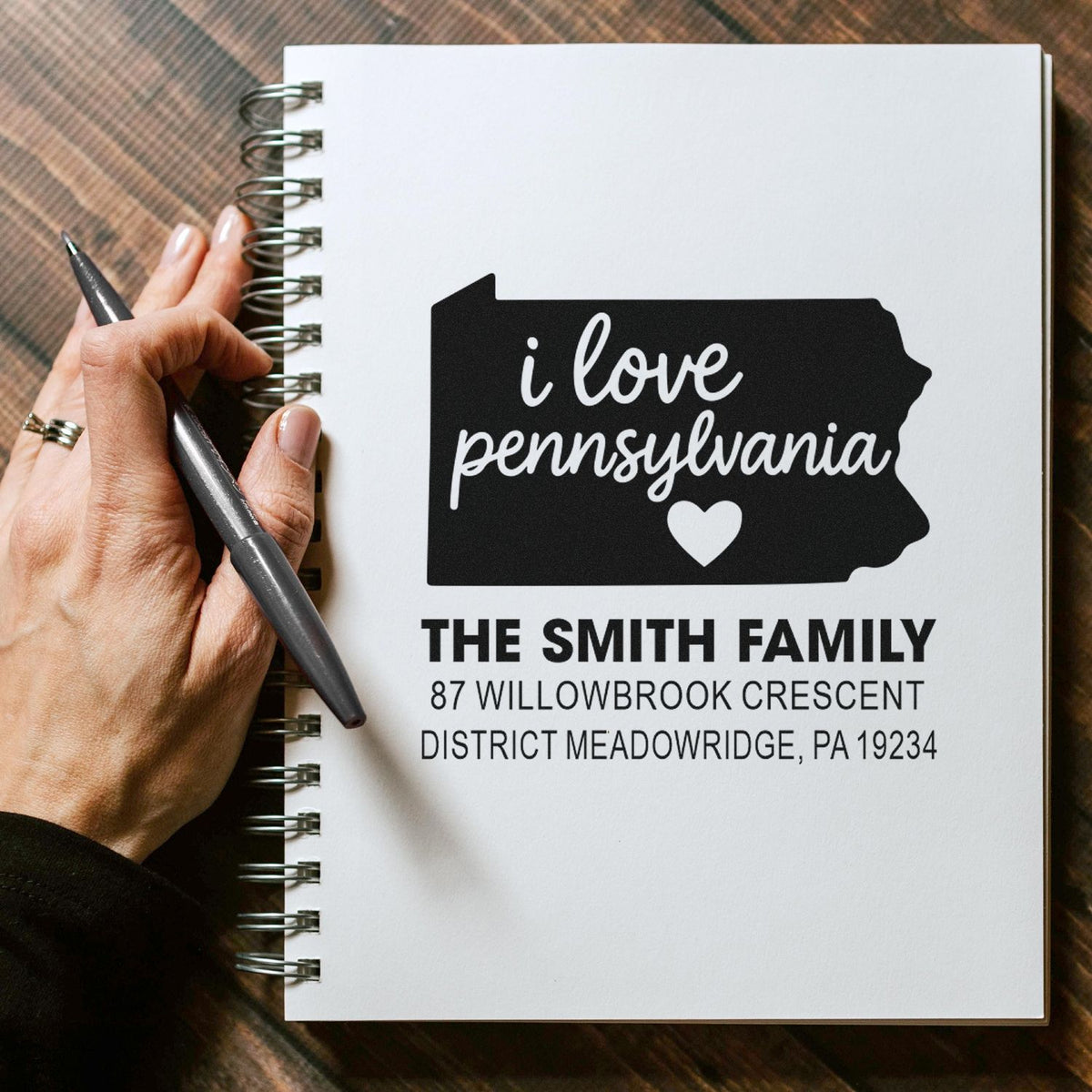 Custom Pennsylvania return address rubber stamp with family name, state outline, and I love Pennsylvania design.