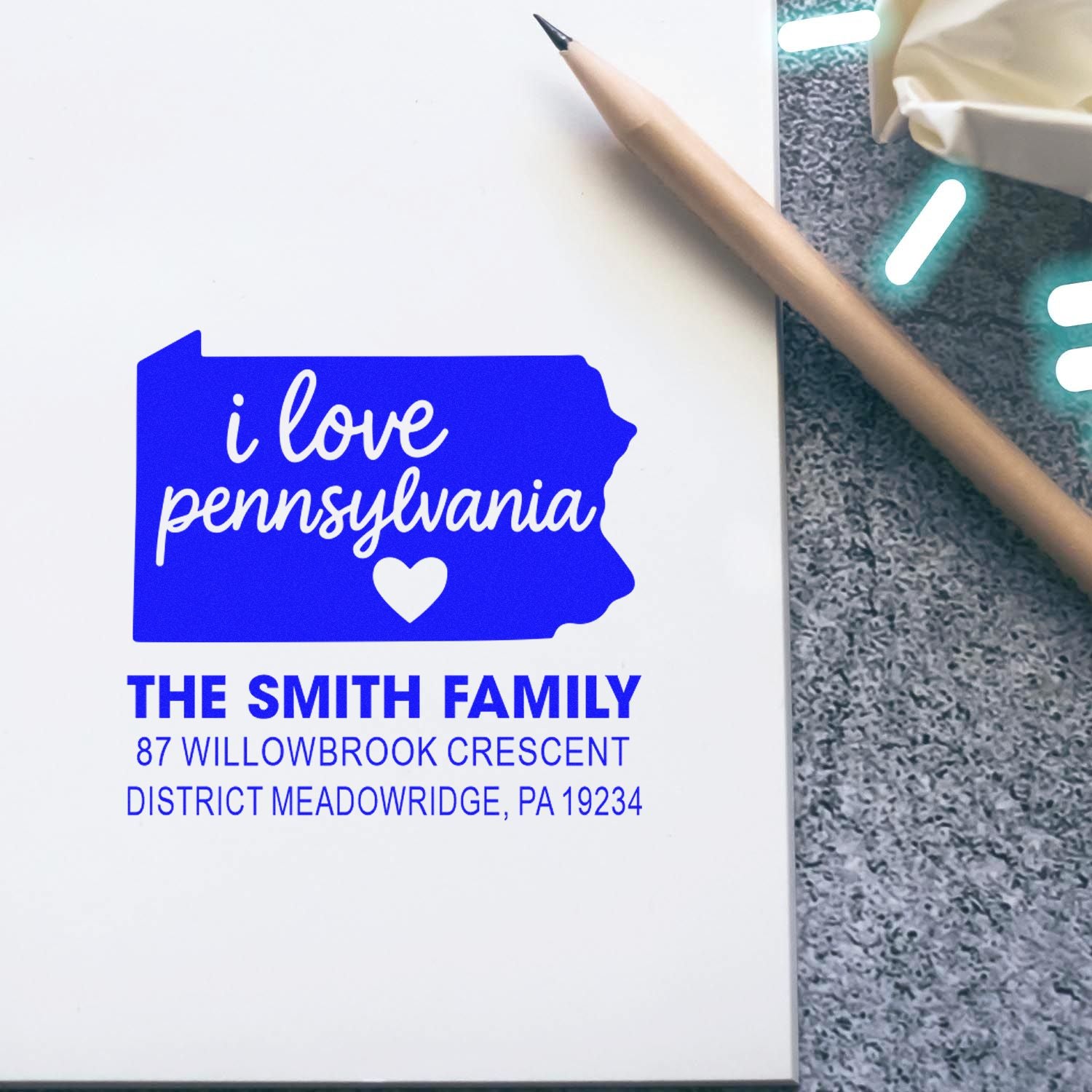 Custom Pennsylvania rubber stamp with family name and address, featuring an I love Pennsylvania state design.