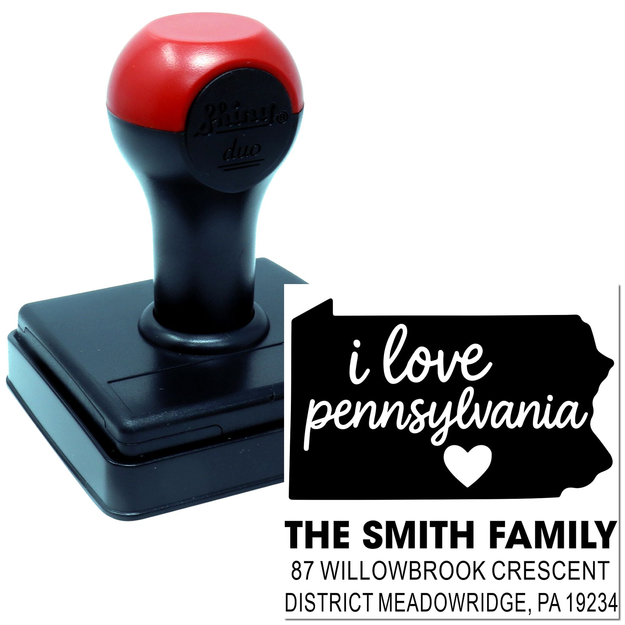 Custom self-inking rubber address stamp with Pennsylvania state design and I love Pennsylvania text