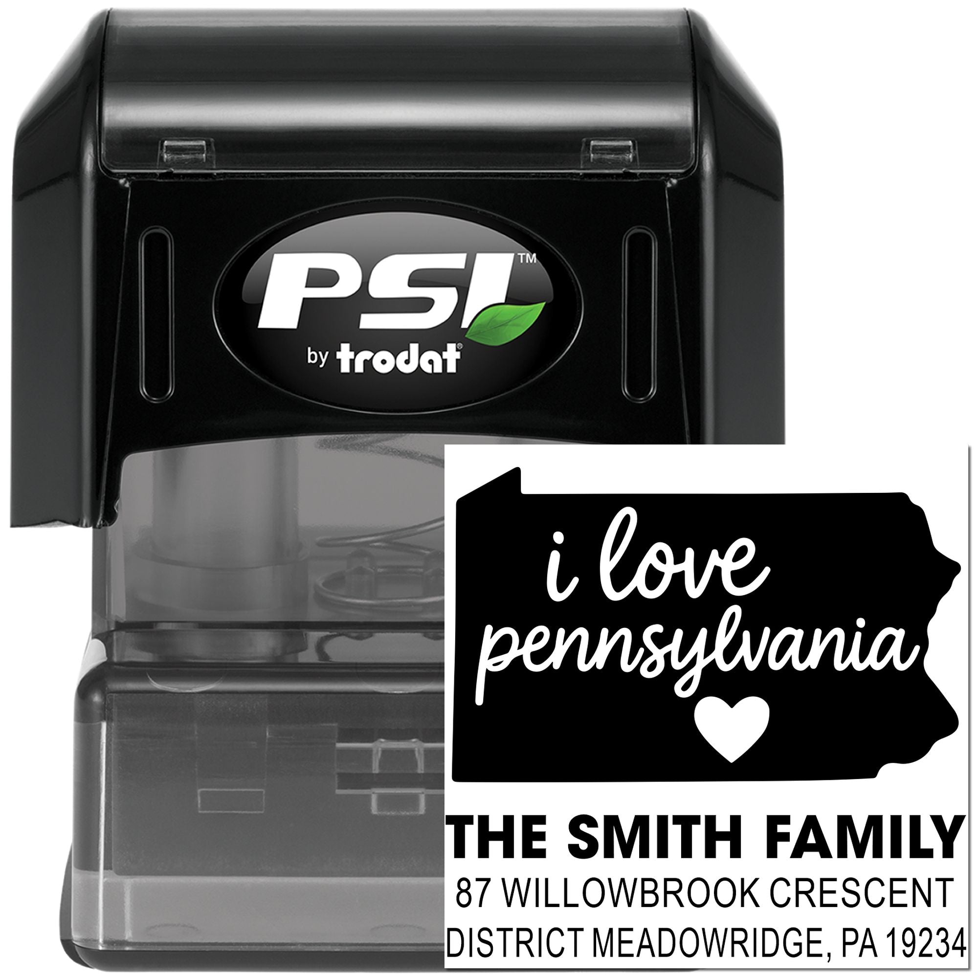 Self-inking custom Pennsylvania address rubber stamp with I love Pennsylvania state design for personalized family mail.