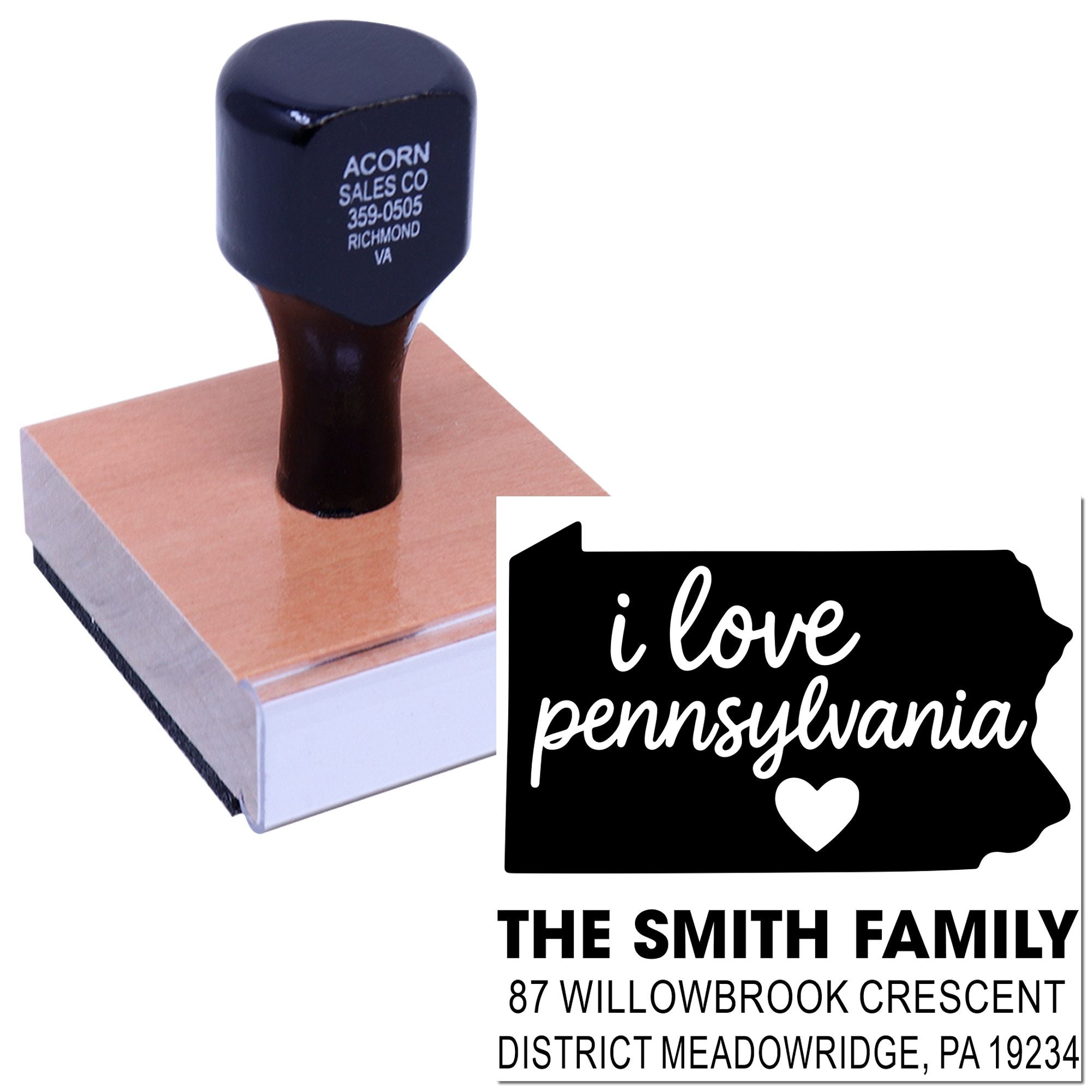 Custom Pennsylvania family address rubber stamp with I love Pennsylvania design for personalized return mailing.