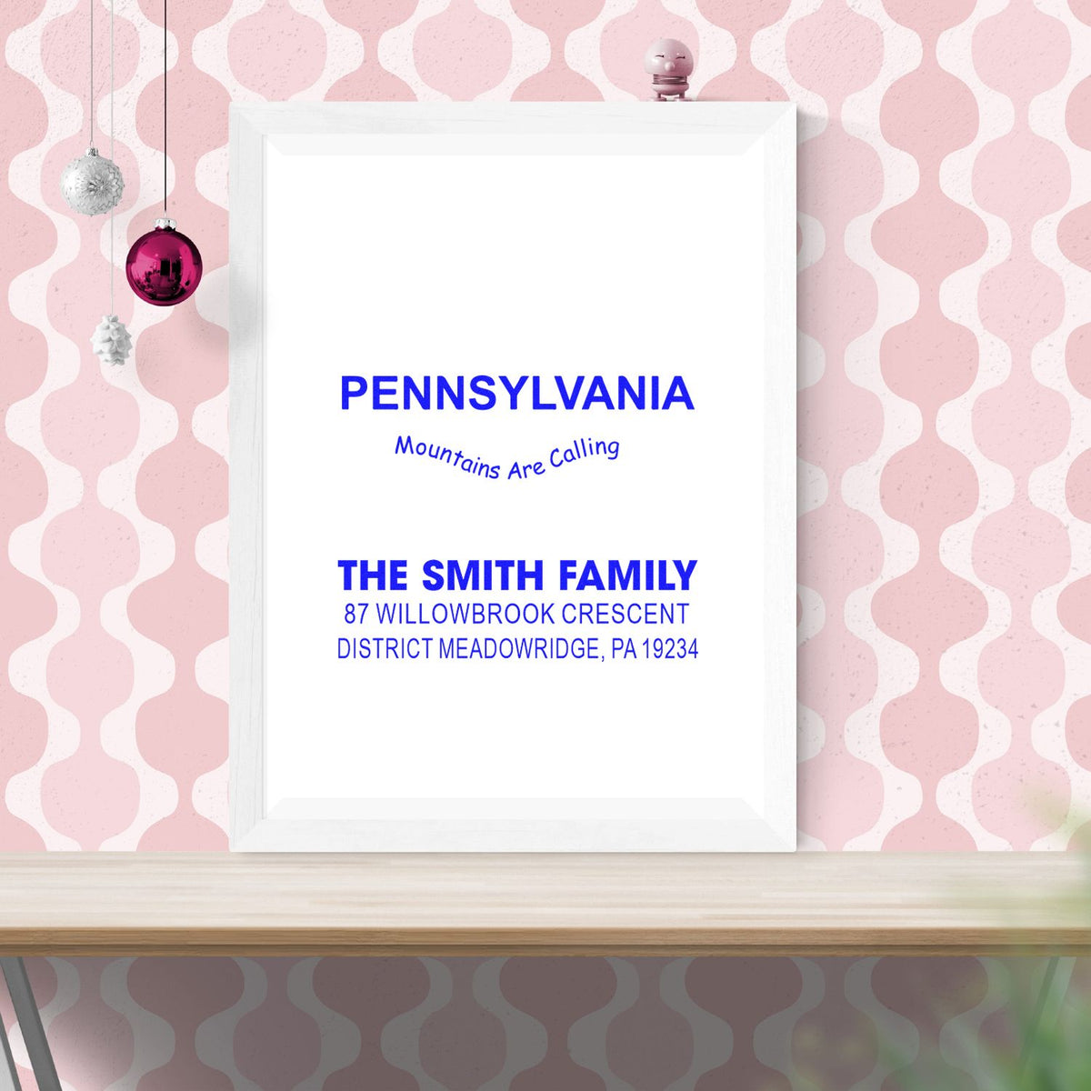 Personalized Pennsylvania address rubber stamp design with family name, slogan, and street address for home mailings.