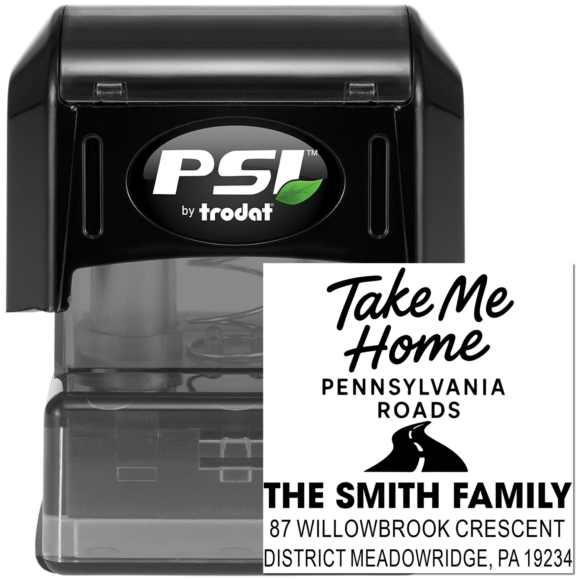 Custom self-inking address rubber stamp with Pennsylvania Roads return address design for The Smith Family.
