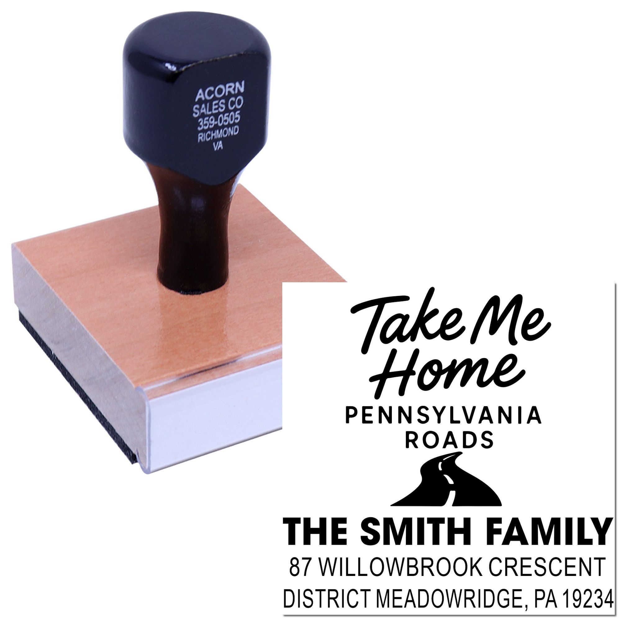 Custom return address rubber stamp with Take Me Home Pennsylvania Roads design for personalized family mail.