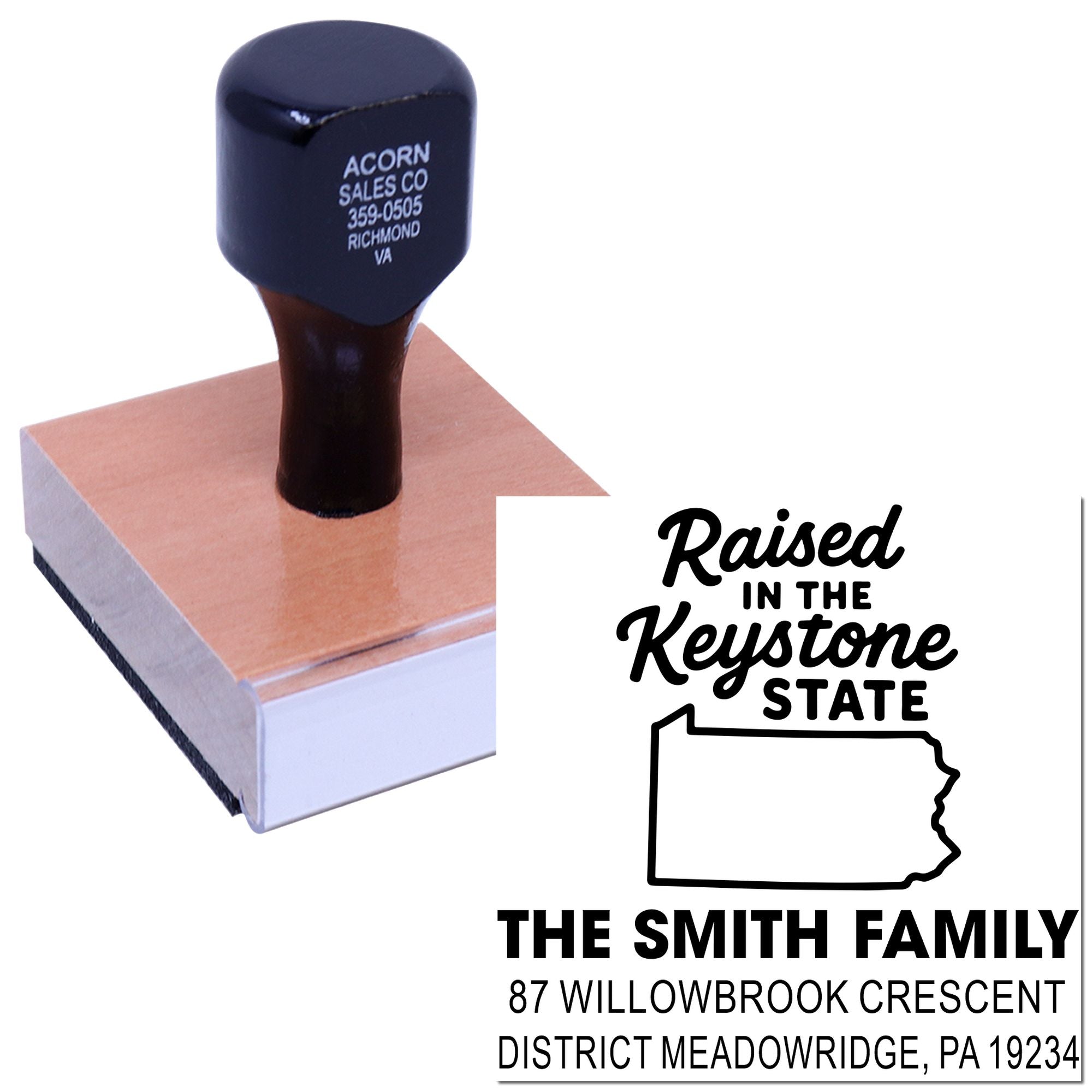 Custom rubber address stamp with Pennsylvania outline and Raised in the Keystone State family name design.