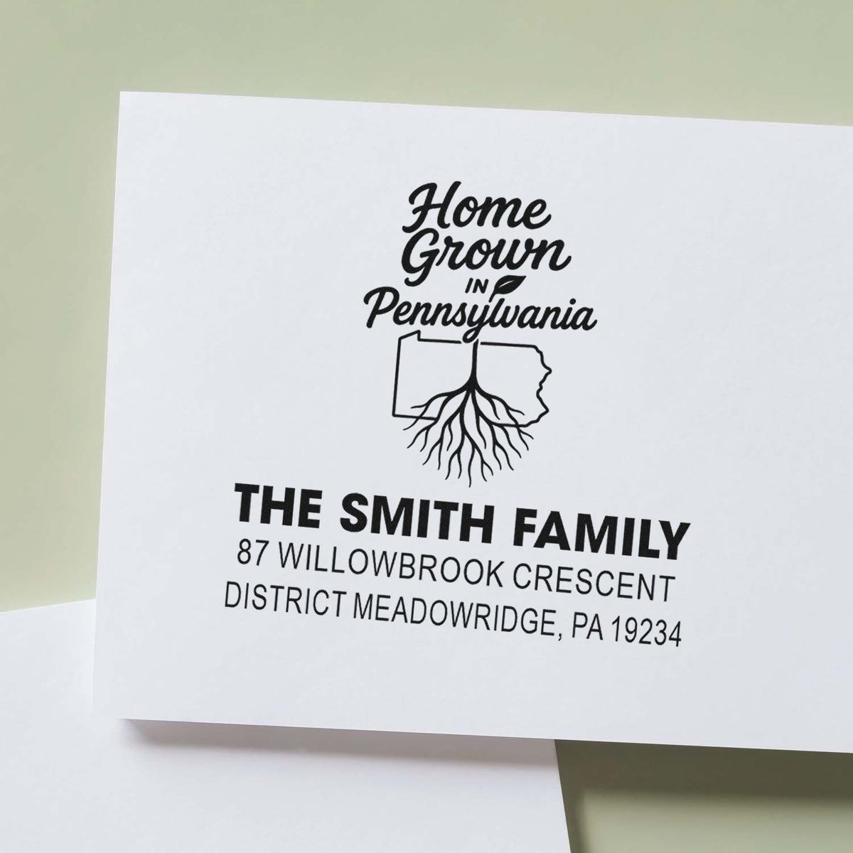 Custom rubber stamp with Home Grown in Pennsylvania, family name, and return address for personalized mailing.