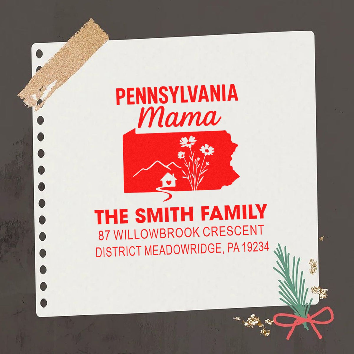 Personalized Pennsylvania Mama return address rubber stamp for The Smith Family with custom home state design.