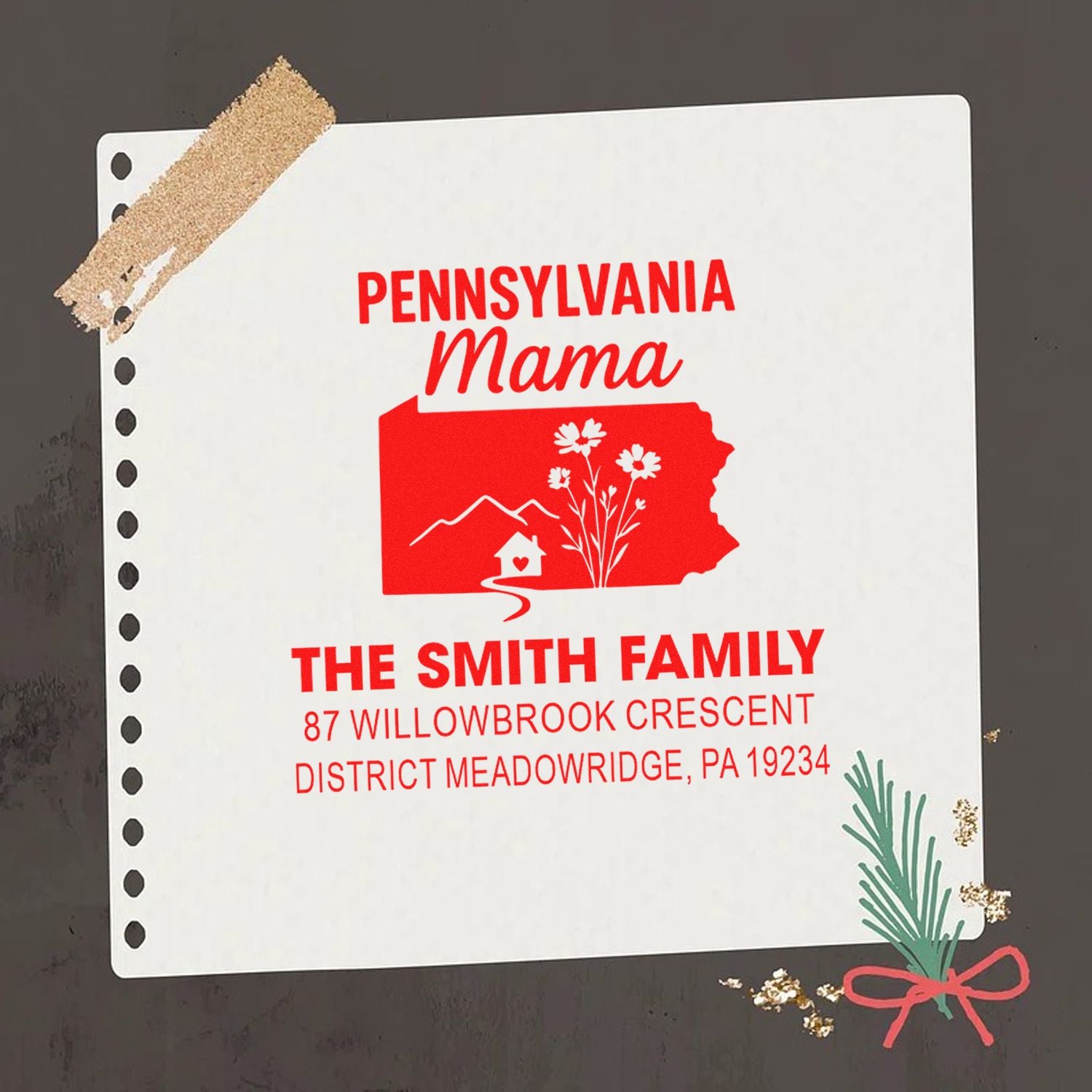 Personalized Pennsylvania Mama rubber address stamp with The Smith Family name and return address for custom mailings.