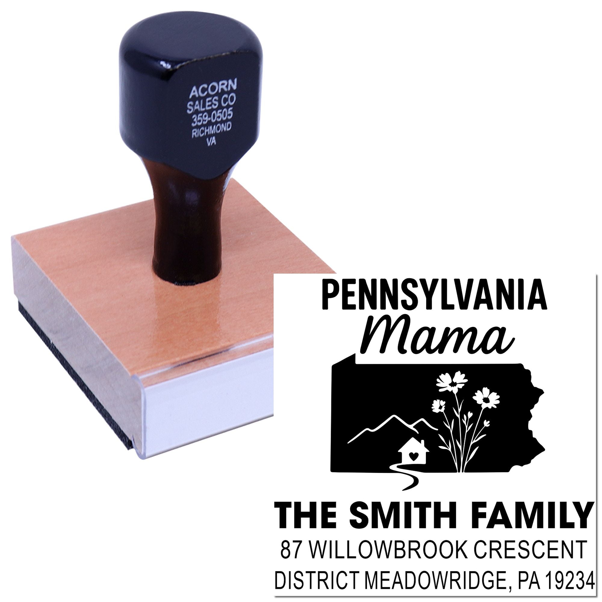 Personalized Pennsylvania return address rubber stamp with family name, Mama design, and custom state silhouette.