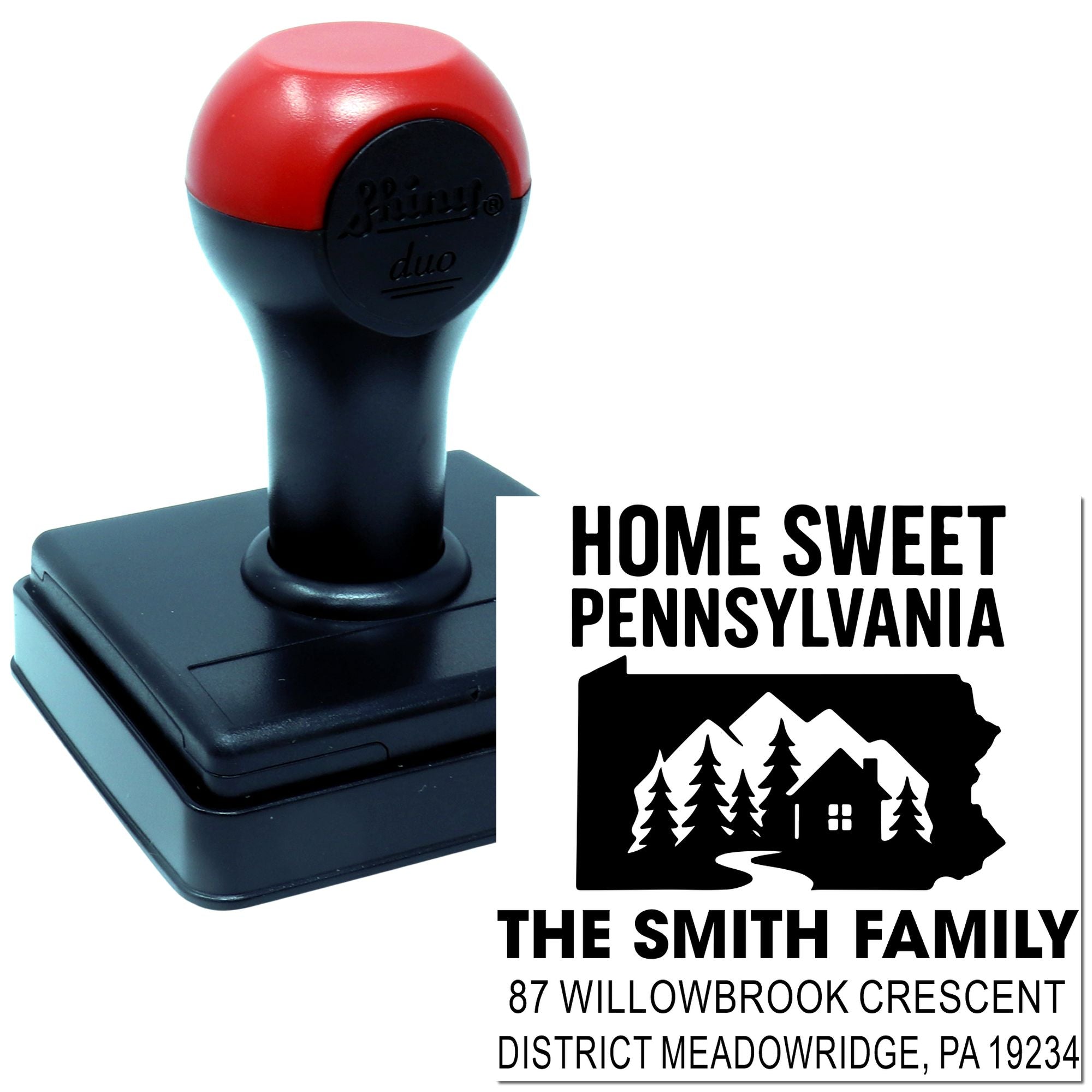 Custom self-inking rubber address stamp featuring Home Sweet Pennsylvania design, family name and return address.