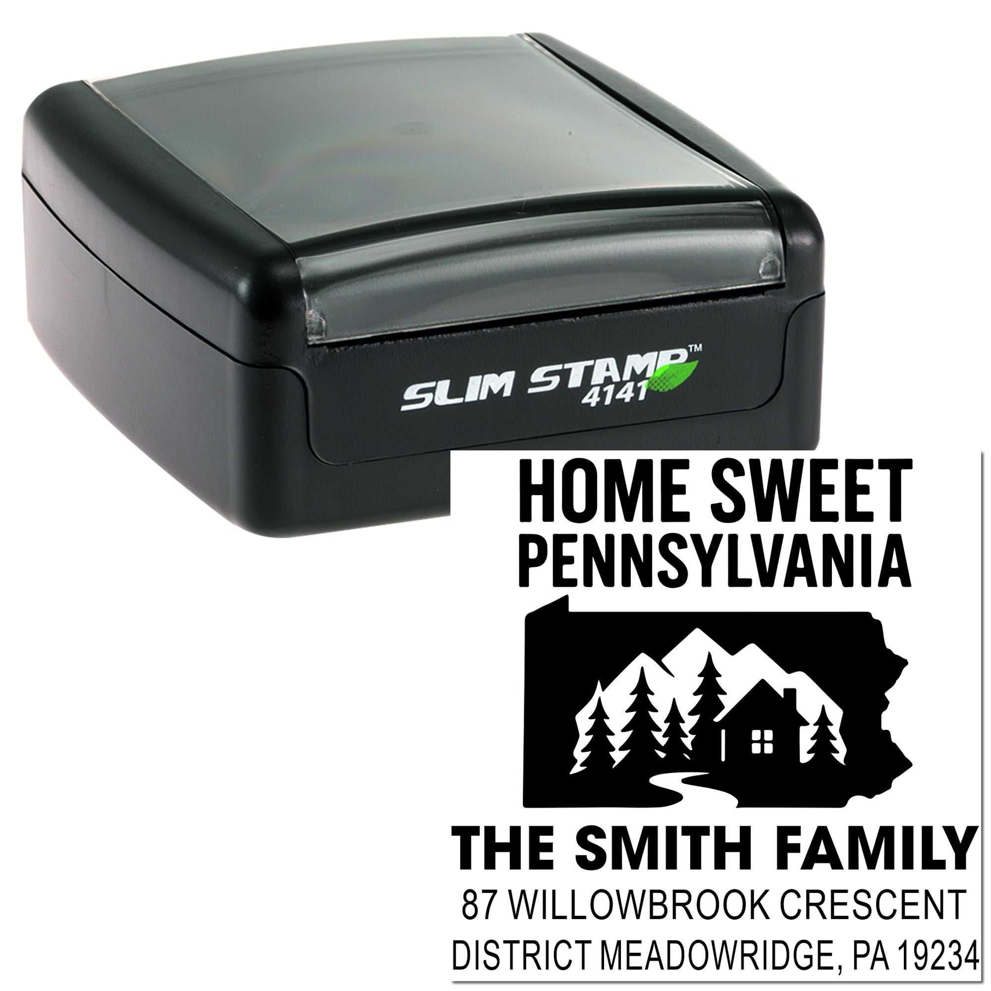 Personalized return address rubber stamp with Home Sweet Pennsylvania design for custom family mailing envelopes.