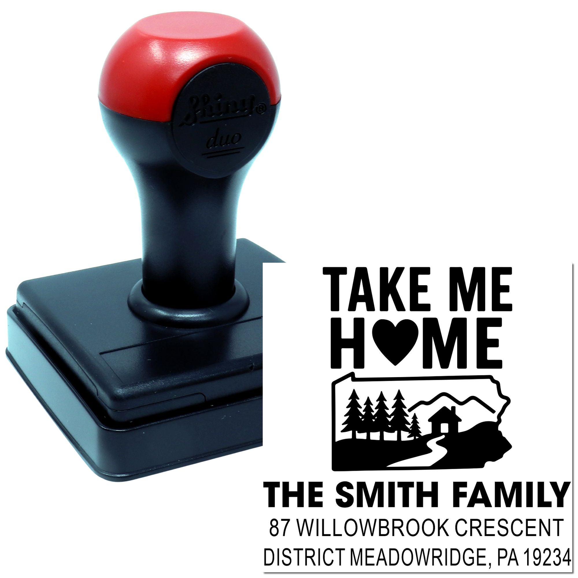 Custom self-inking rubber stamp with Take Me Home return address design, family name, and Pennsylvania state silhouette.