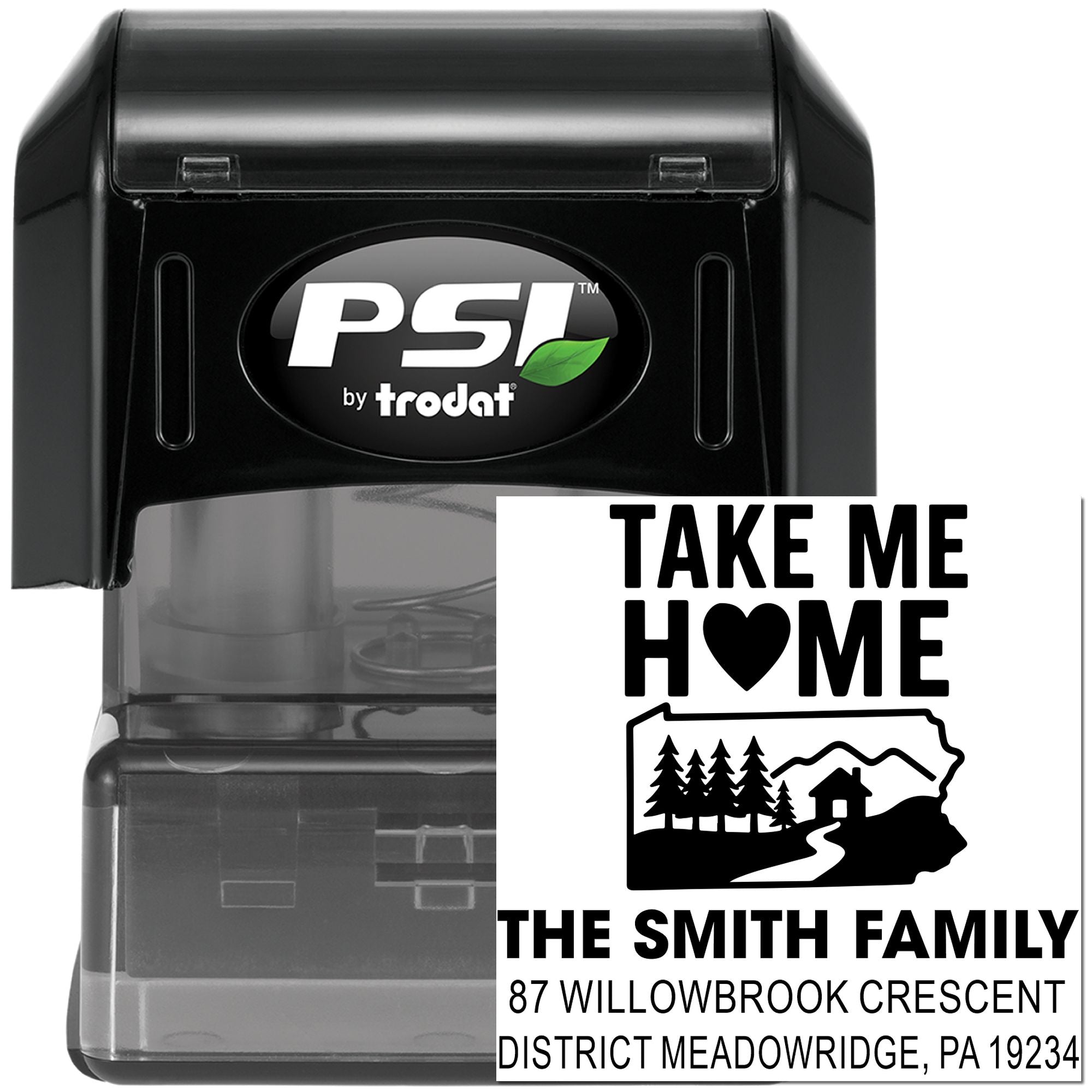PSI by Trodat custom self-inking rubber stamp with Take Me Home house design and family address imprint.