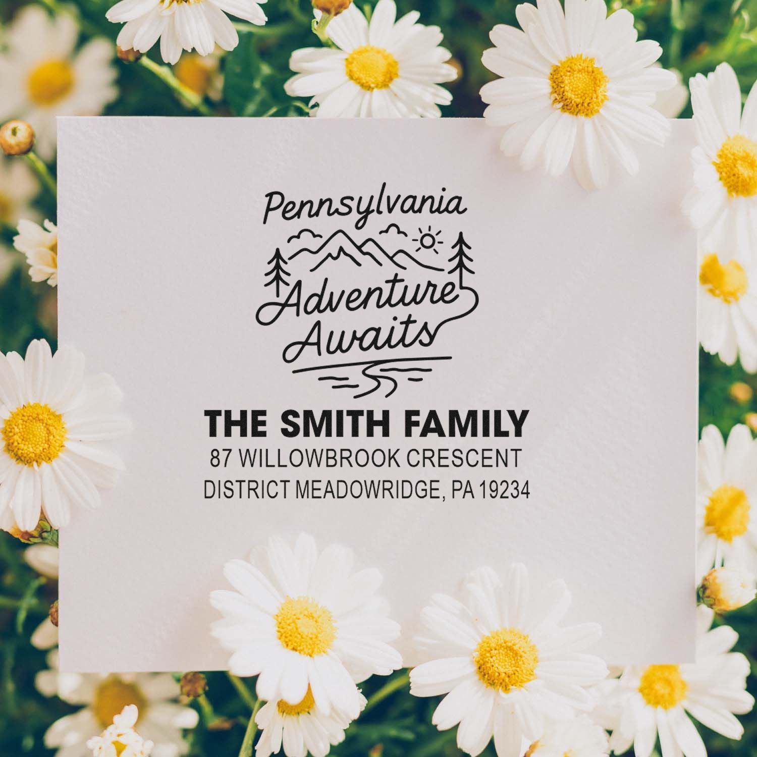 Personalized address rubber stamp with Pennsylvania Adventure Awaits design and Smith family return address for mailings.