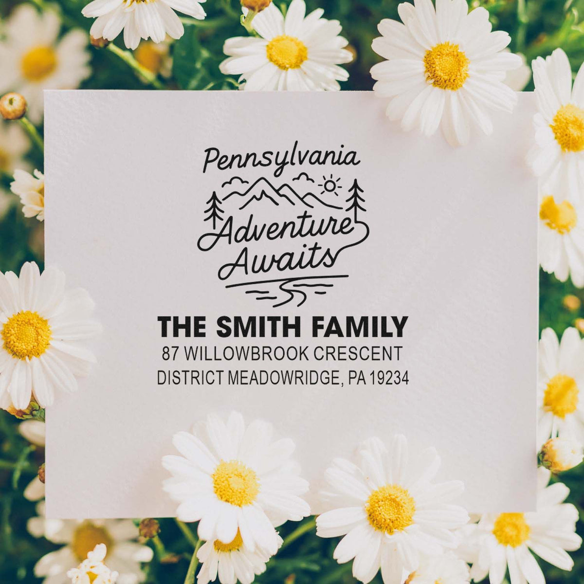 Custom return address rubber stamp with Pennsylvania Adventure Awaits design for The Smith Family mail and stationery.