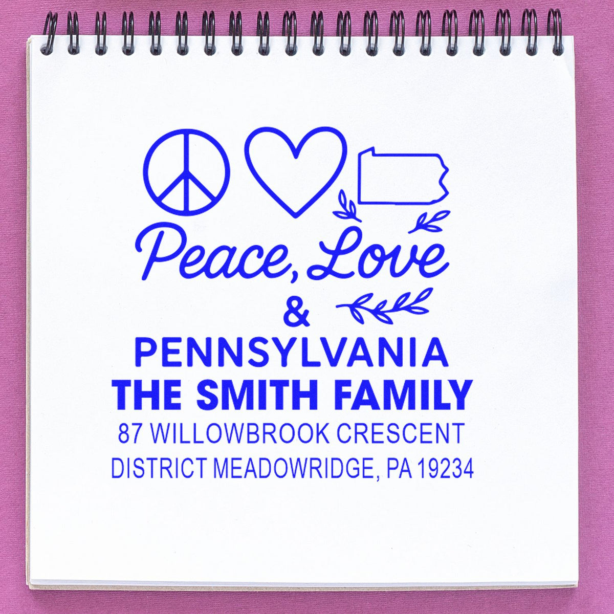 Custom return address rubber stamp for The Smith Family in Pennsylvania with peace, love and state icon design.