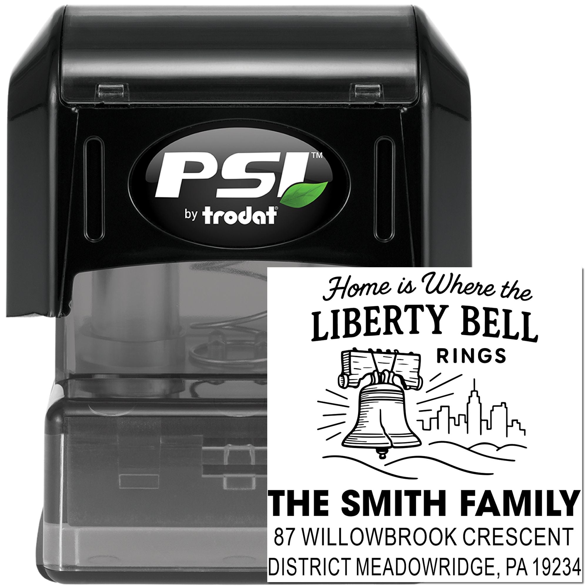 Personalized self-inking return address rubber stamp with Liberty Bell design for The Smith Family home mail.