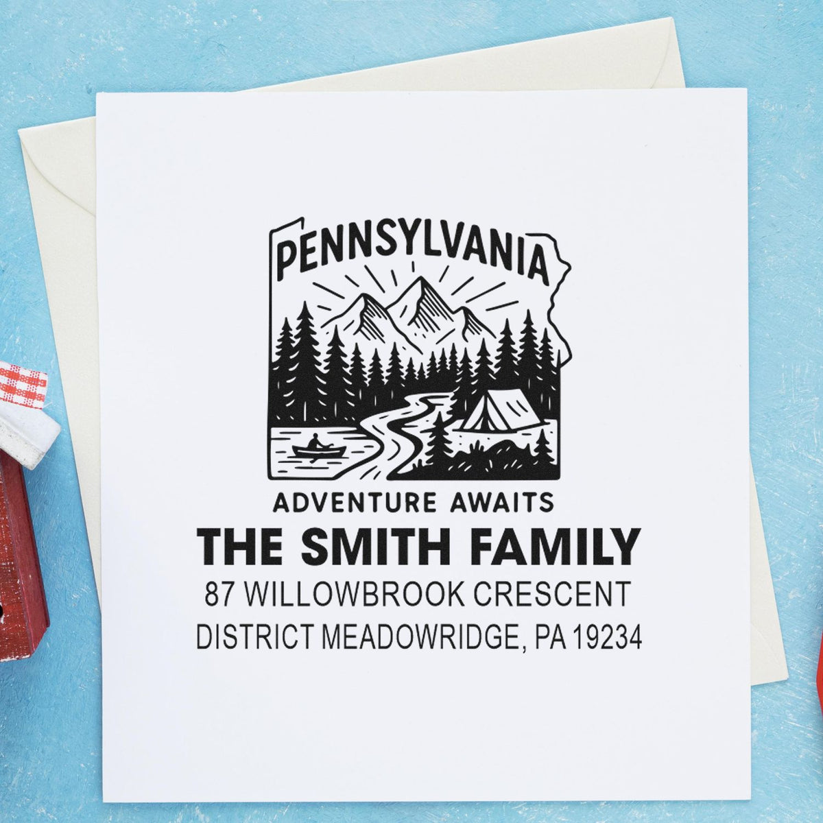 Custom Pennsylvania family address rubber stamp with mountain adventure design for The Smith Family.