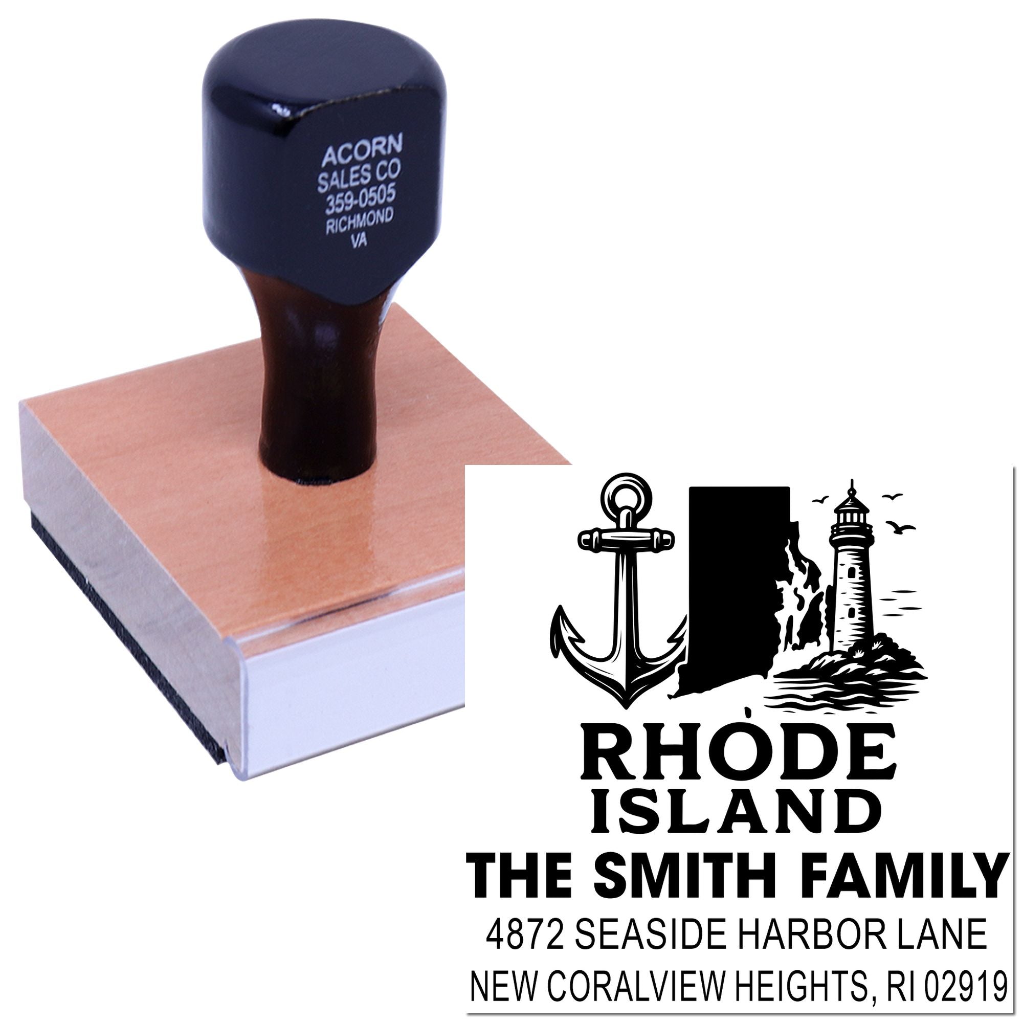 Custom Rhode Island address rubber stamp with anchor and lighthouse design for The Smith Family.