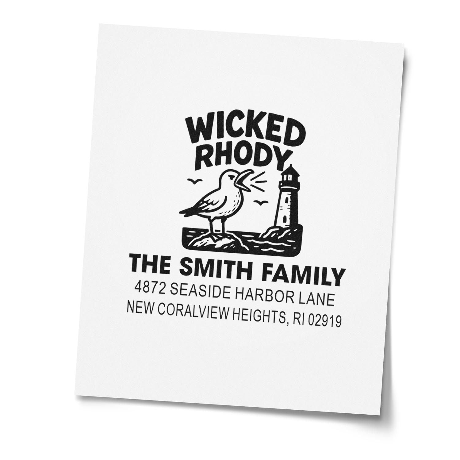 Custom Wicked Rhody return address rubber stamp with seagull and lighthouse design for the Smith family, Rhode Island.