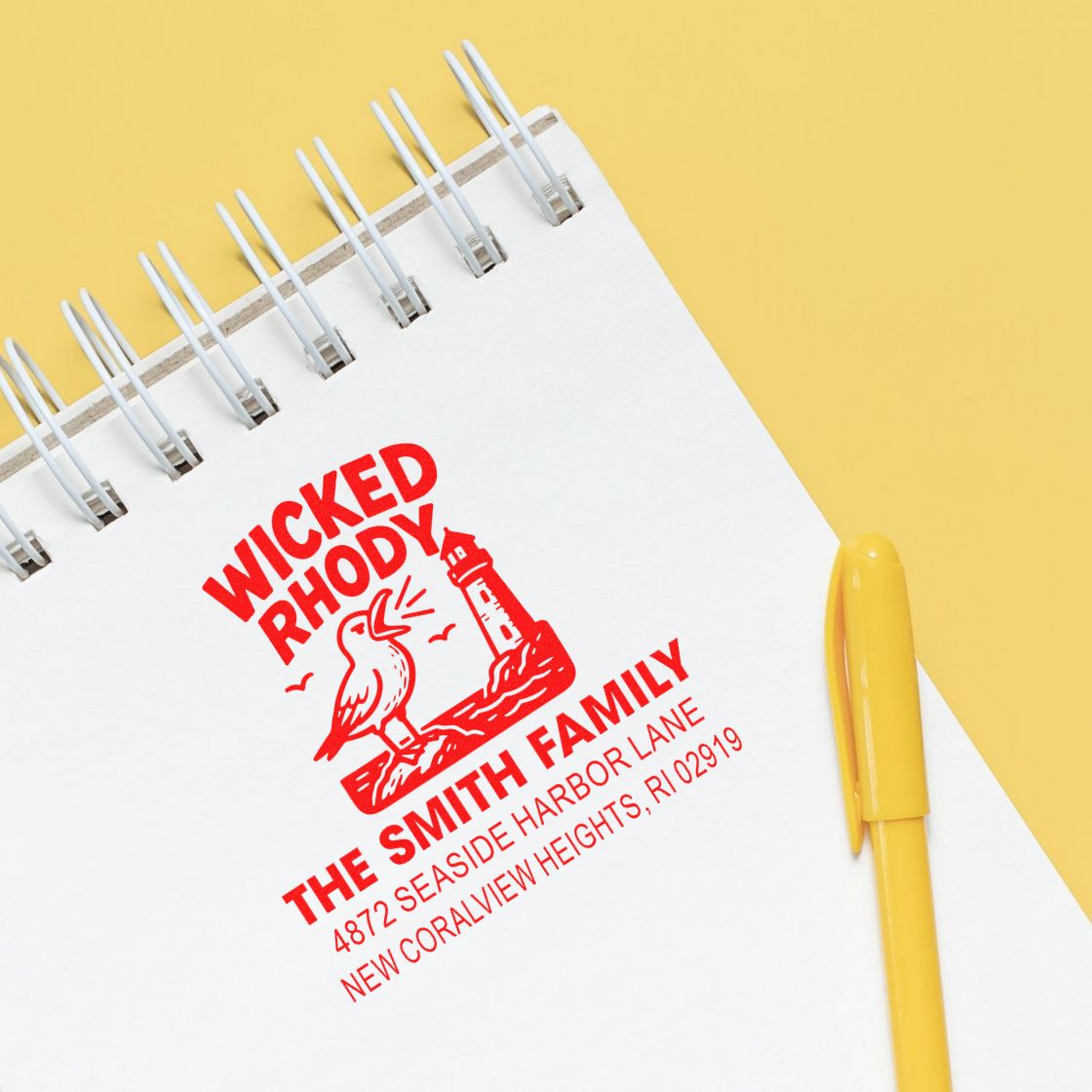 Personalized return address rubber stamp for The Smith Family, with Wicked Rhody lighthouse design on notebook paper.