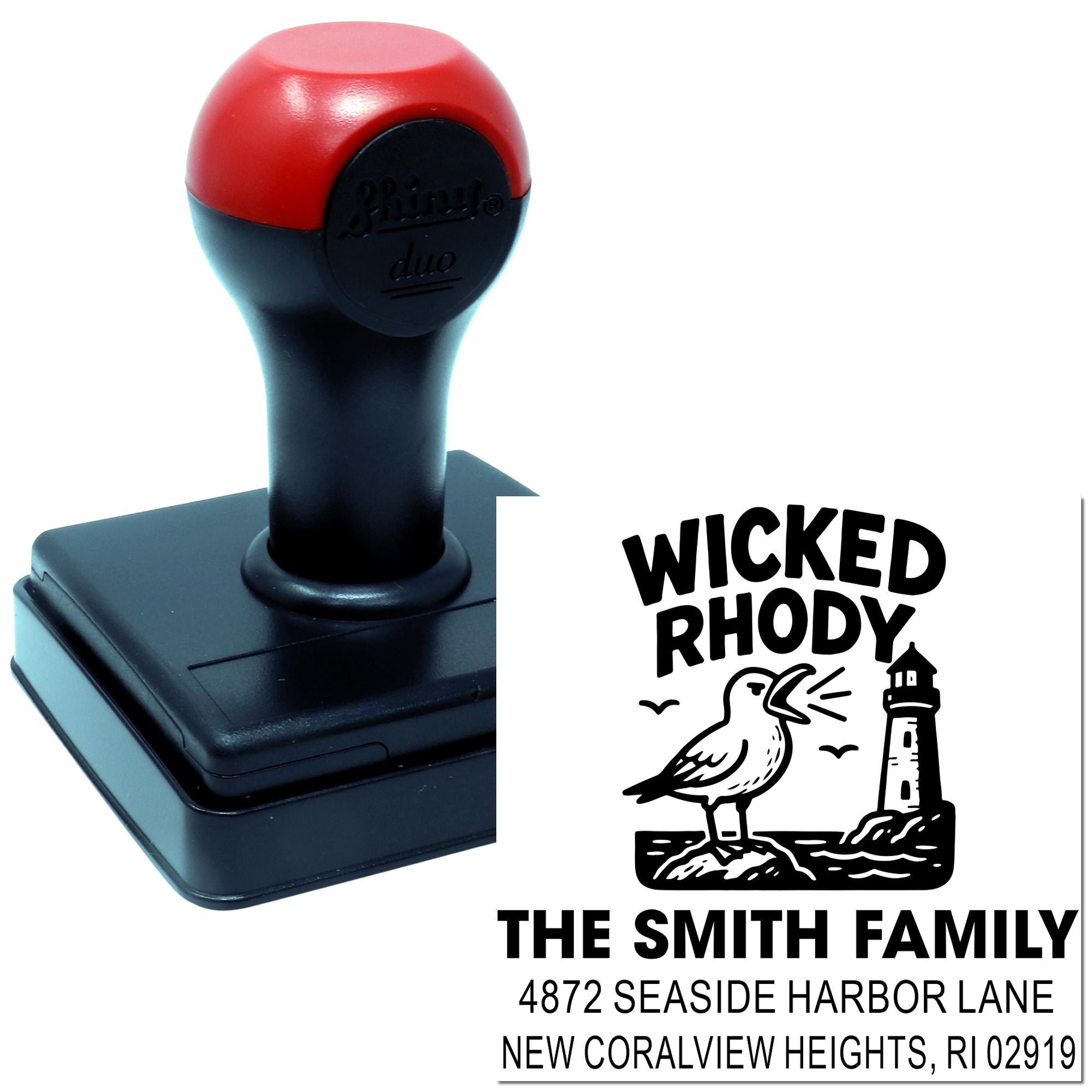 Custom self-inking rubber address stamp with lighthouse design for The Smith Family, New Coralview Heights, RI