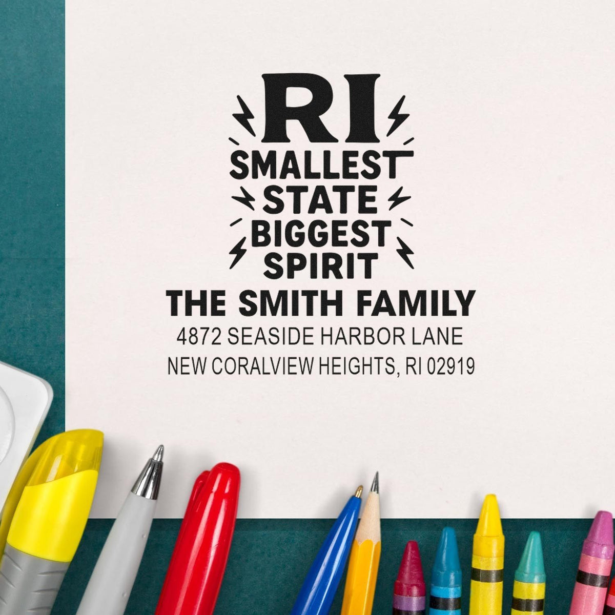 Custom family address rubber stamp with Rhode Island slogan, Smallest State, Biggest Spirit, for The Smith Family.