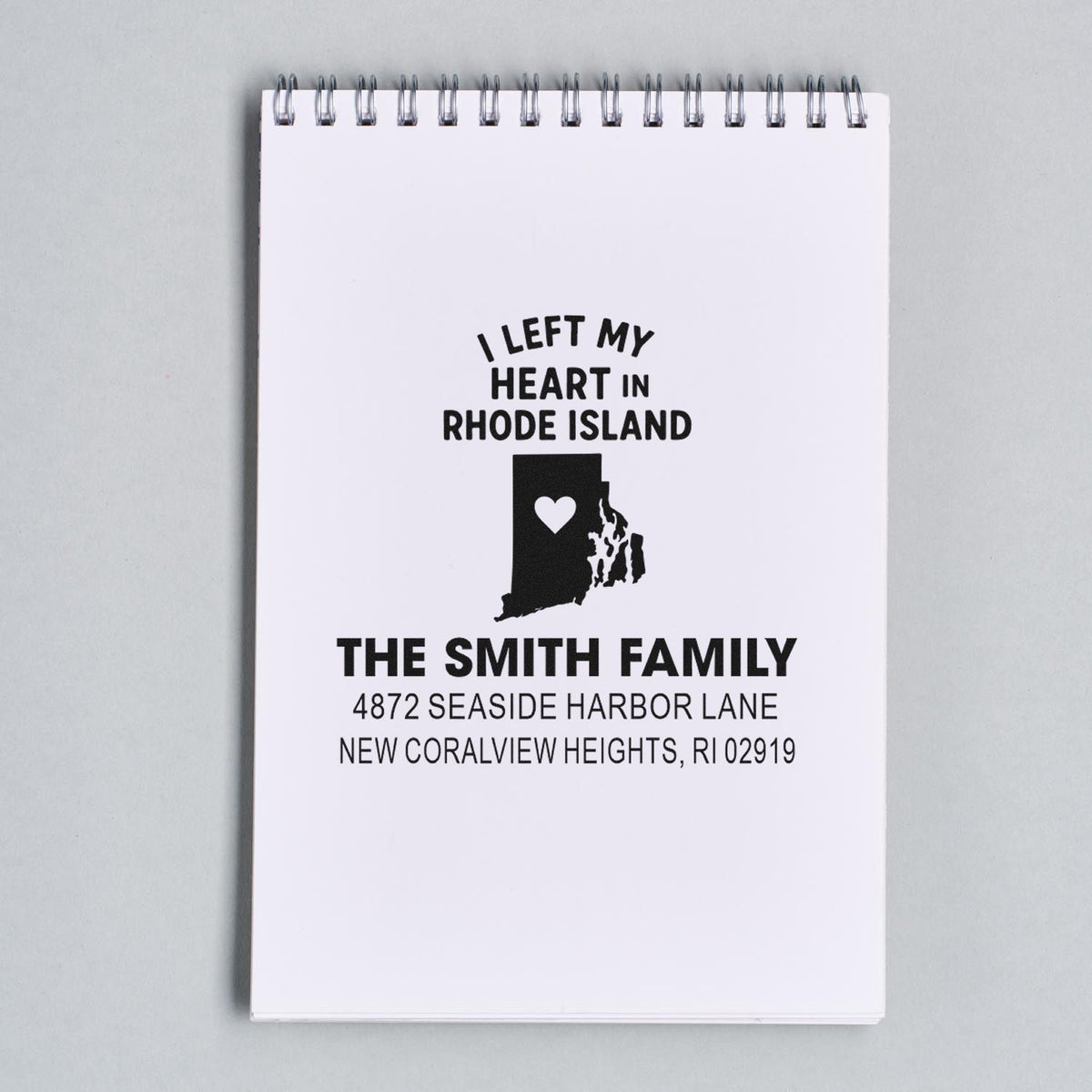 Custom Rhode Island family address rubber stamp with heart map design for personalized stationery and envelopes.