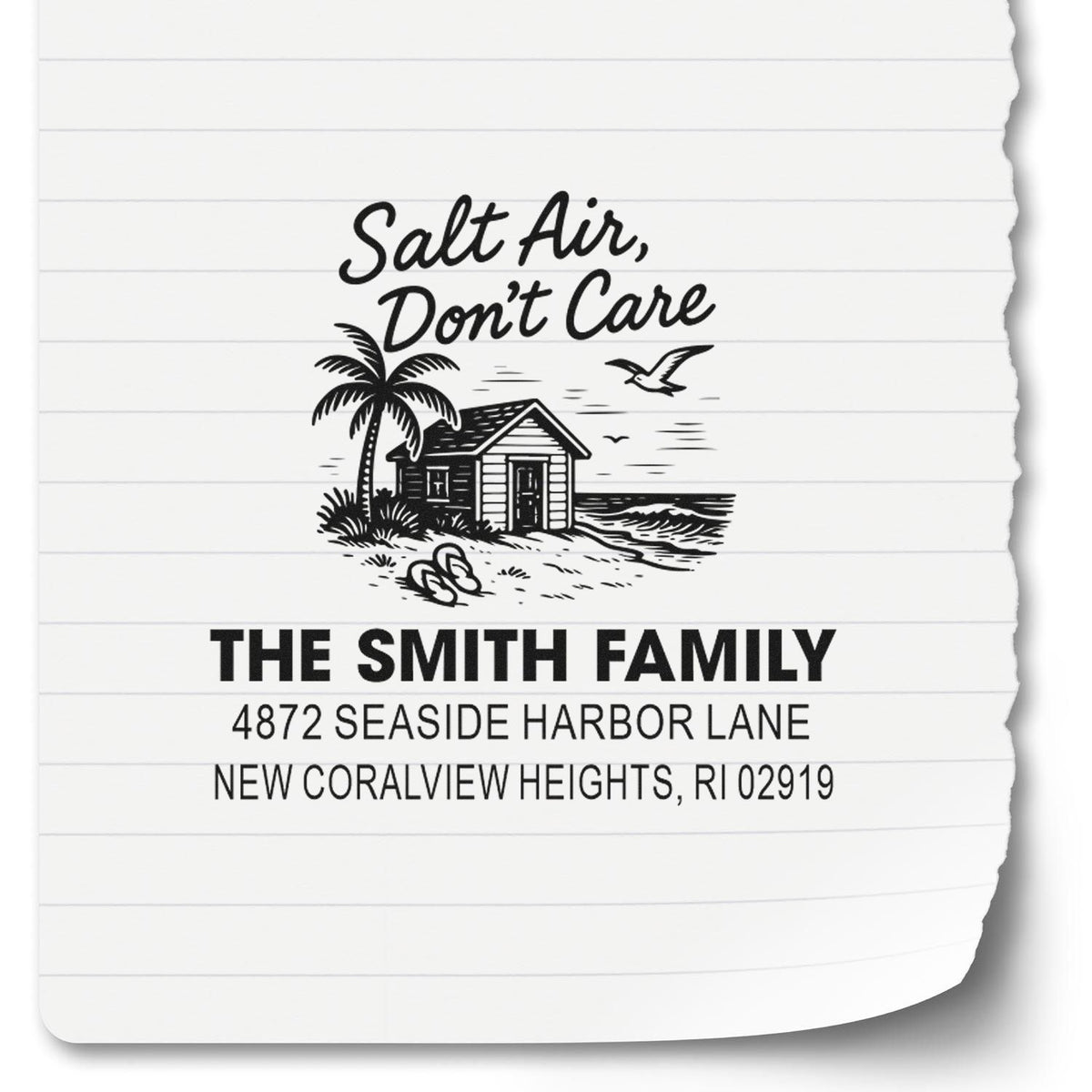 Custom beach house address stamp for The Smith Family with Salt Air, Dont Care and seaside home graphic.