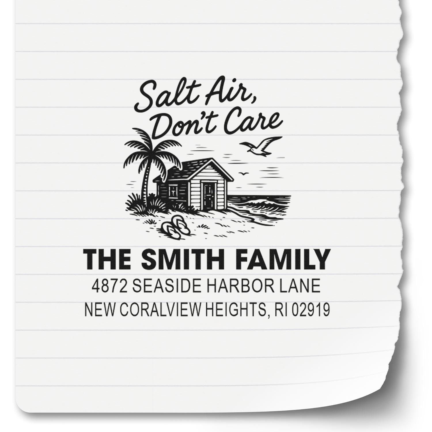 Custom coastal return address rubber stamp with beach house design, Salt Air, Dont Care, and The Smith Family address.