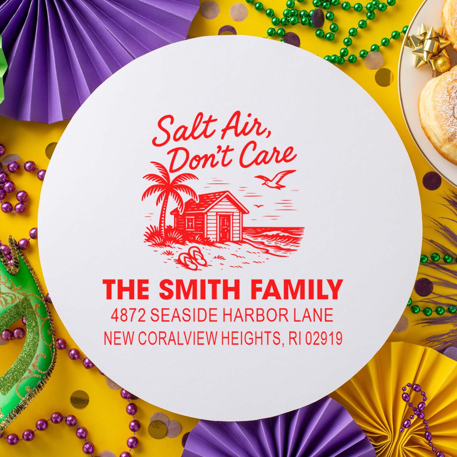 Custom address rubber stamp with beach house design, Salt Air, Dont Care, for The Smith Family seaside home.